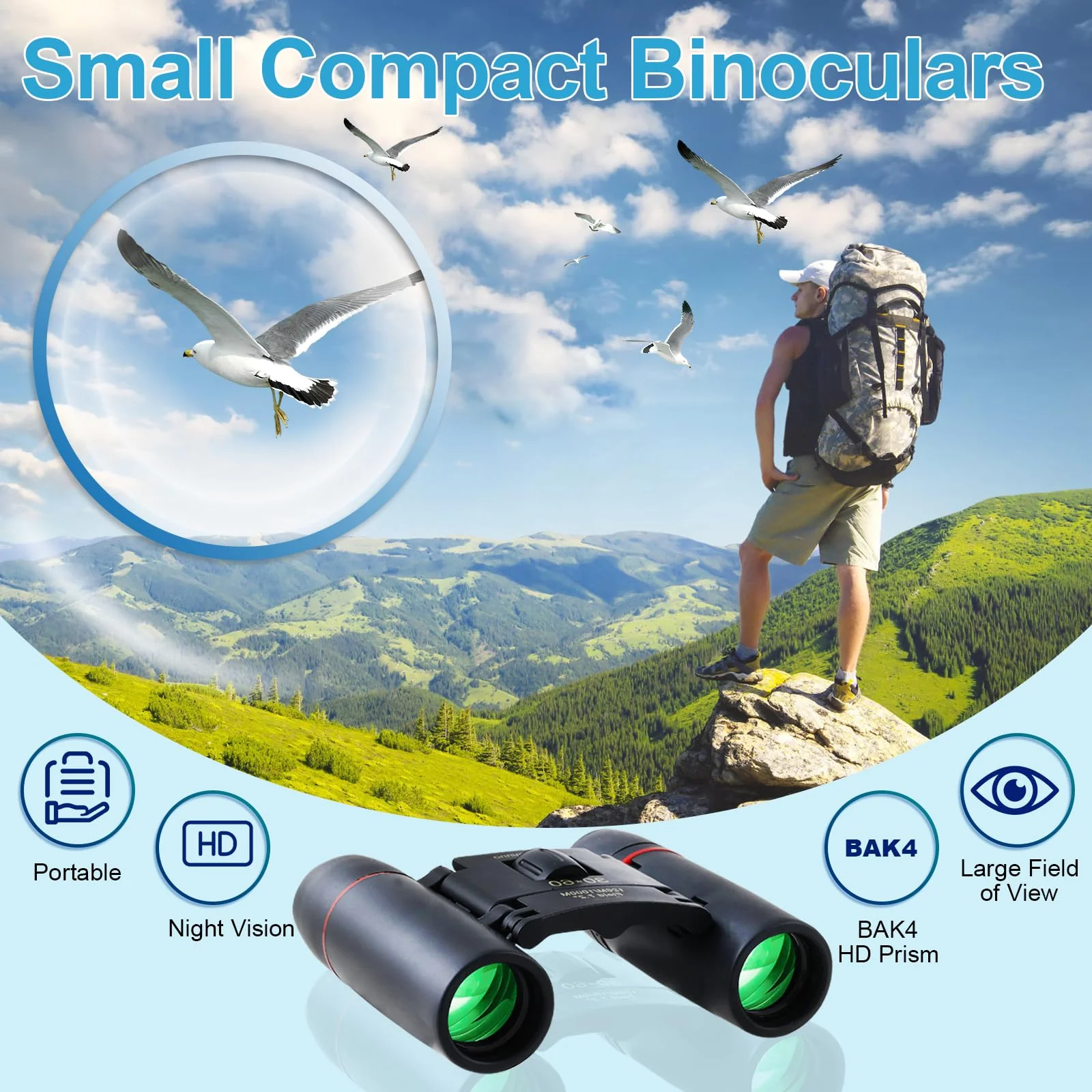 PISEZ 30X60 Compact Binoculars for Adults and Kids，Lightweight Foldable Easy Focus Small Binoculars for Bird Watching Hunting Concert Traveling Theater Opera Sightseeing black - Image 3