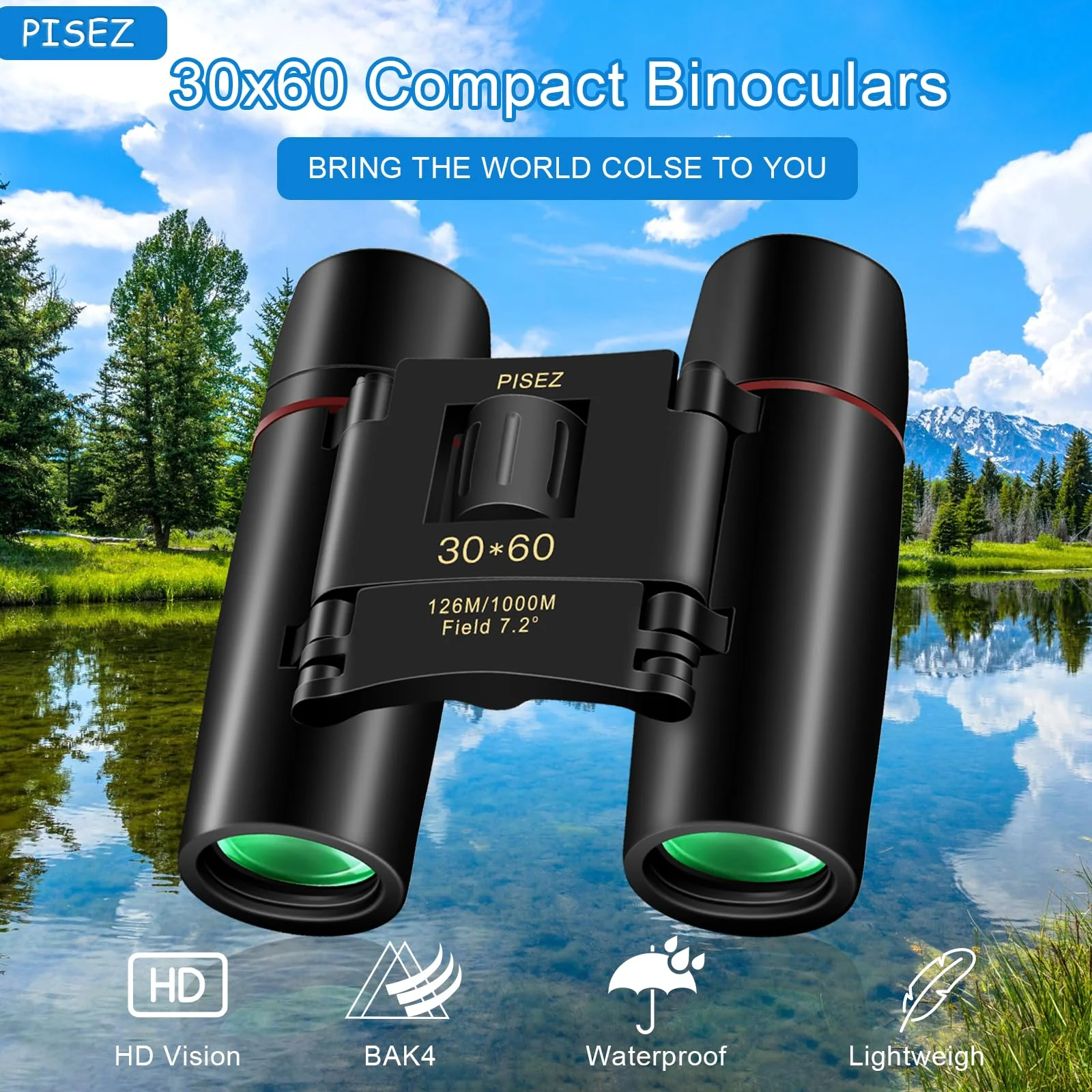 PISEZ 30X60 Compact Binoculars for Adults and Kids，Lightweight Foldable Easy Focus Small Binoculars for Bird Watching Hunting Concert Traveling Theater Opera Sightseeing black - Image 6