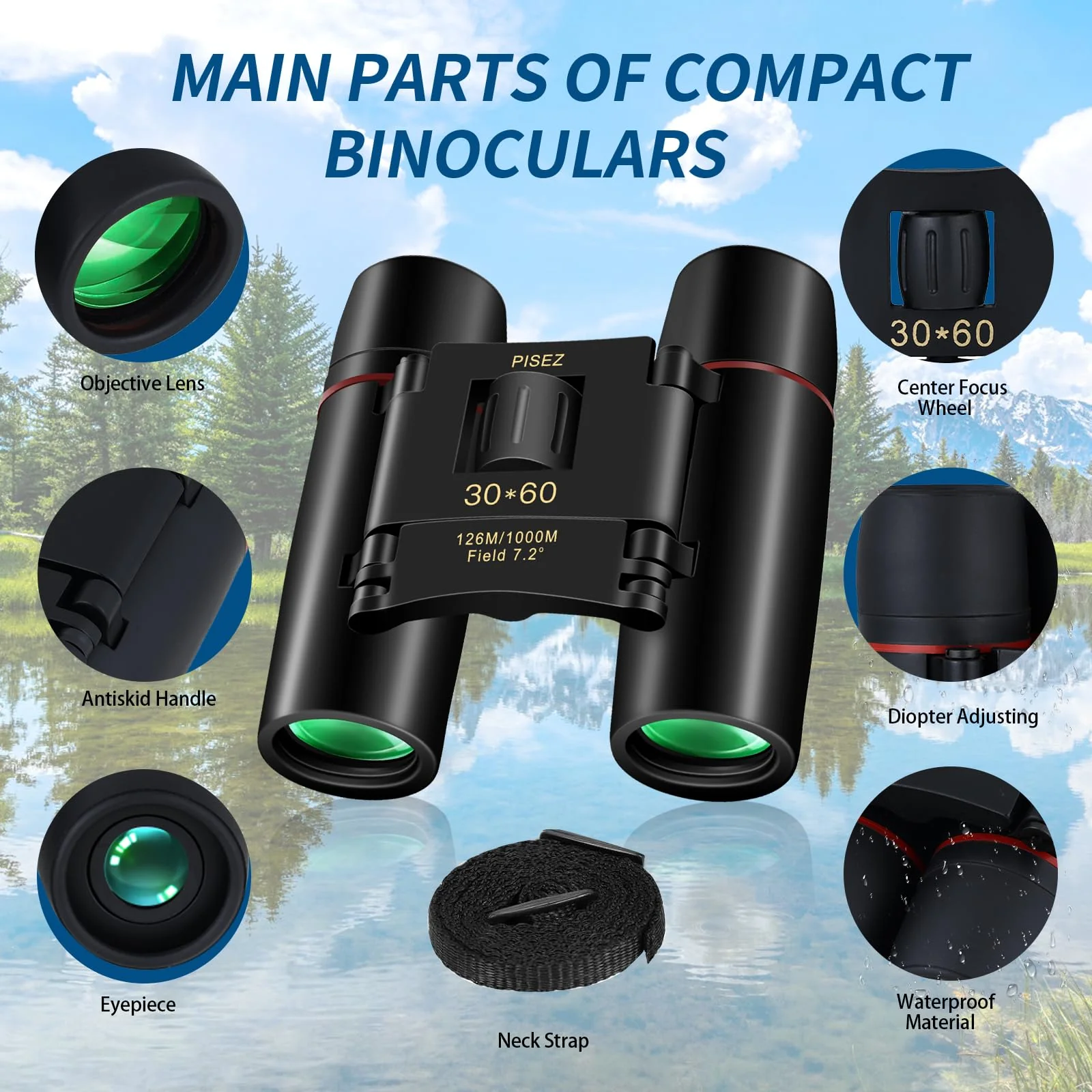 PISEZ 30X60 Compact Binoculars for Adults and Kids，Lightweight Foldable Easy Focus Small Binoculars for Bird Watching Hunting Concert Traveling Theater Opera Sightseeing black - Image 8