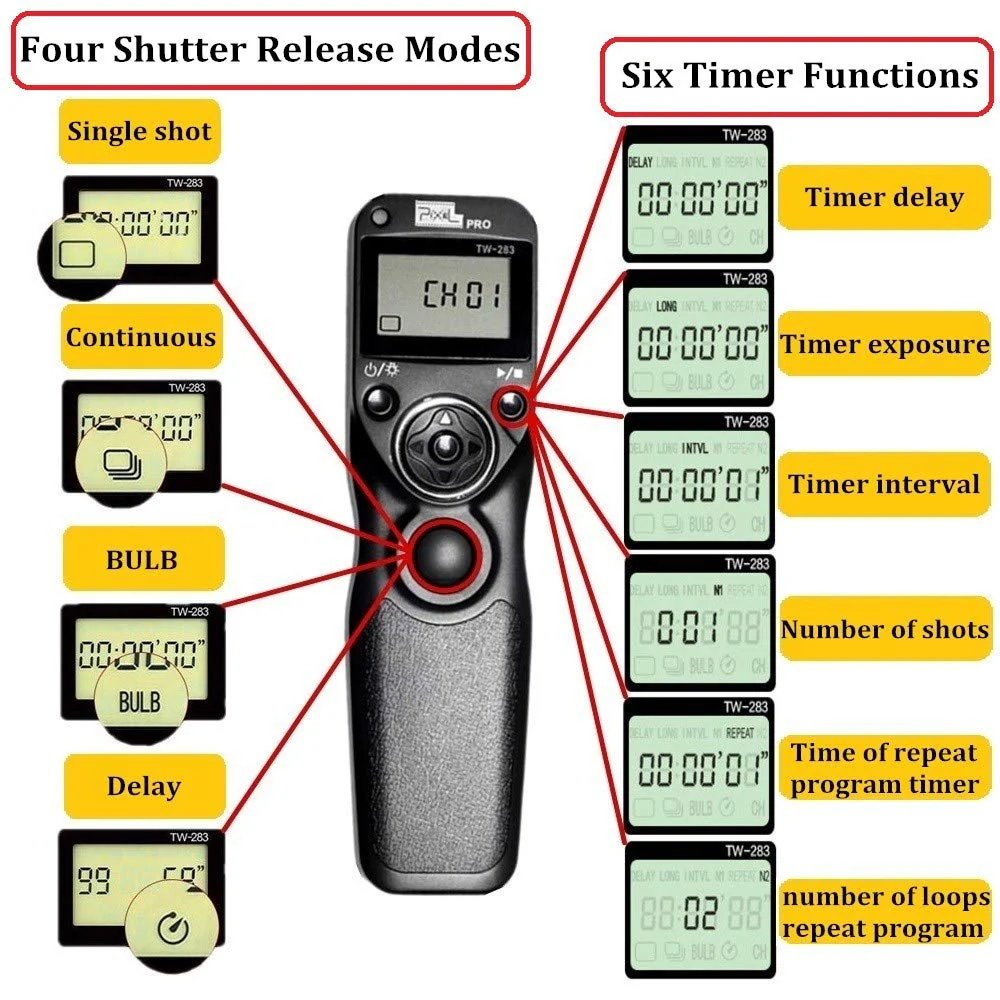 Pixel Timer Shutter Release Remote Control TW283-DC2 Remote Release for Nikon Z7 Z7II Z6 Z6II Z5 D5600 D3300 D5000 D5100 D5200 D5300 D5500 D90 D7000 D7100 D7200 D7500 D780 D610 D750 P7700 P7800 TW-DC2 Nikon - Image 2