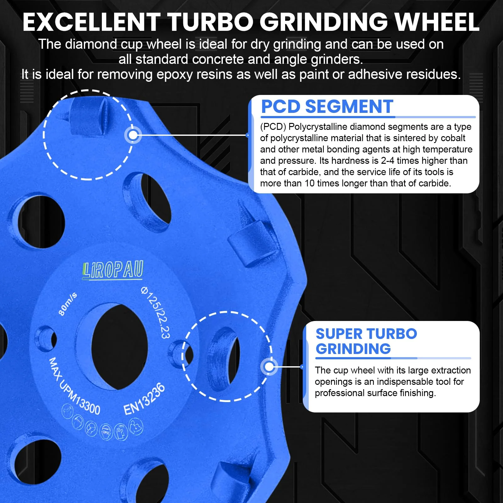 PKD PCD Diamond Cup Wheel 125 mm, Diamond Cup Wheel Grinding Wheel for Angle Grinder, Diamond Grinder for Tile Adhesive, Colour Coating, Angle Grinder Grinding Pot, 6 Segments - Image 3