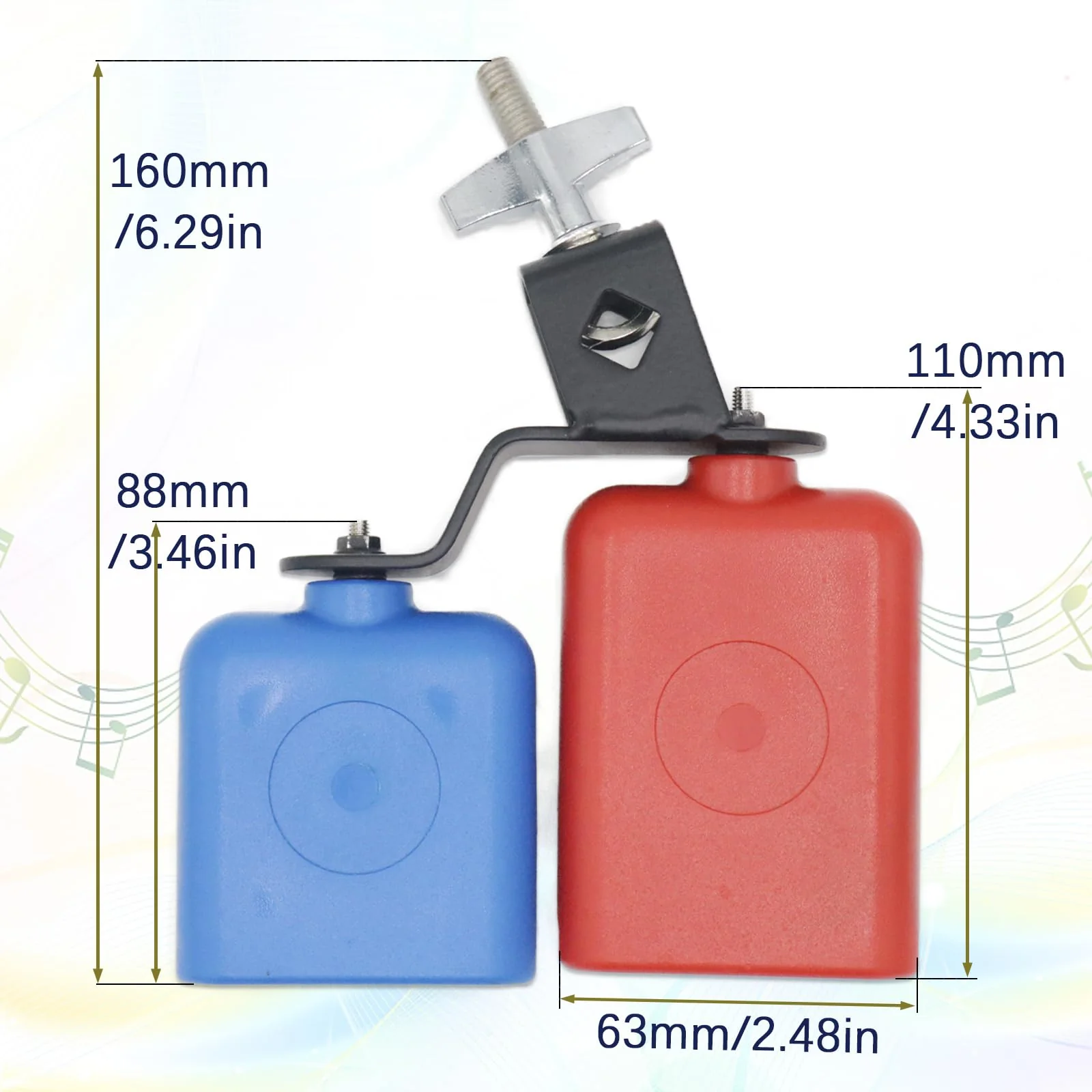 Plastic Jam Block, High and Low Tones Bicolor Cowbell, Latin Percussion Instrument Kit, Dual Mounted Bell for Drum Set, Medium Size, Red-Blue - Image 3