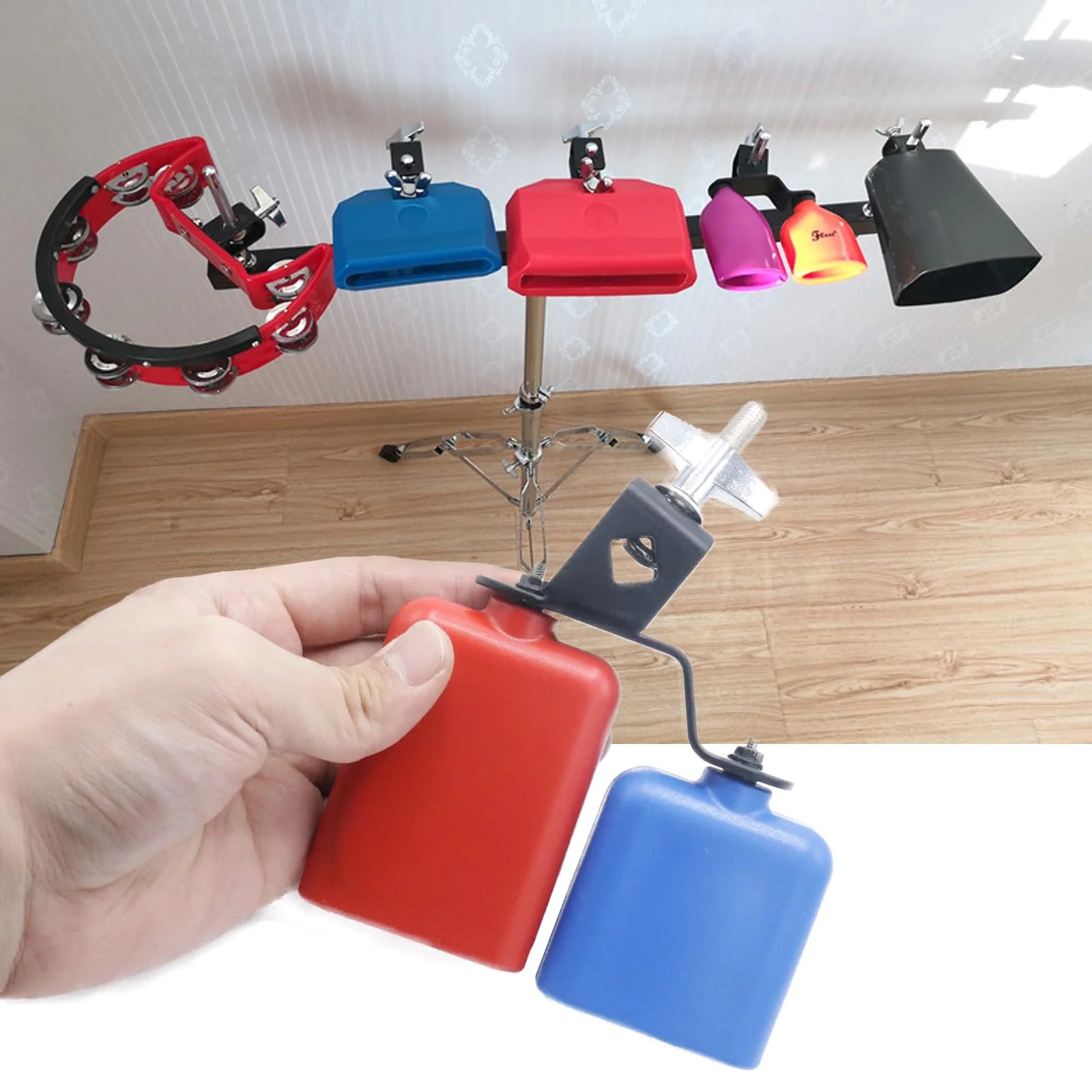 Plastic Jam Block, High and Low Tones Bicolor Cowbell, Latin Percussion Instrument Kit, Dual Mounted Bell for Drum Set, Medium Size, Red-Blue - Image 6