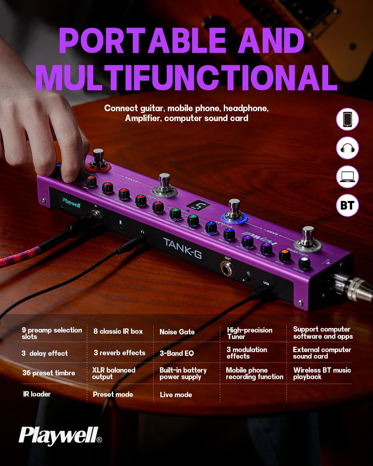 Playwell Multi Effects Guitar Pedal TANK-G,Digital Electric Guitar Effector with 36 Editable Presets,Chorus,Delay,Reverb,MOD,IR Loading,Recording,Tuner,Built-in battery,BT connection - Image 5