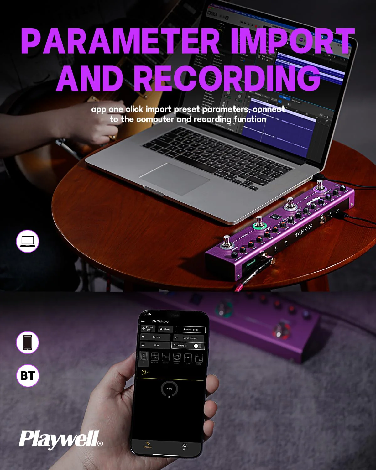 Playwell Multi Effects Guitar Pedal TANK-G,Digital Electric Guitar Effector with 36 Editable Presets,Chorus,Delay,Reverb,MOD,IR Loading,Recording,Tuner,Built-in battery,BT connection - Image 7