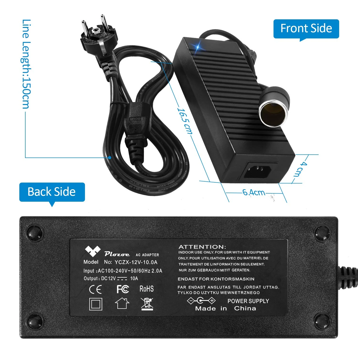 Plozoe Car power adapter, 120 W, 12 V, 10 A, AC-DC voltage converter, 230 V to 12 V, car power adapter, 12 V power supply cigarette lighter, voltage converter 230 to 12 V, converter 220 V to 12 V. - Image 6
