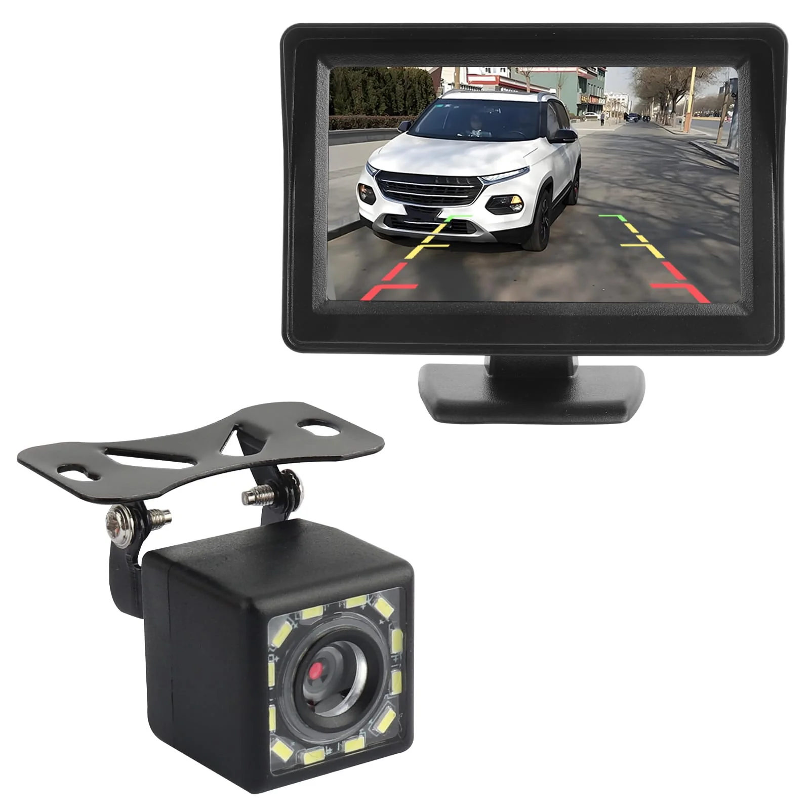 Plug & Play Backup Camera with Monitor 4.6'',12 LED HD Rearview Mirror Camera for Night Vision,150° Wide Angle Universal Car Reverse Camera with Monitor System Fits Cars,SUV,Trucks