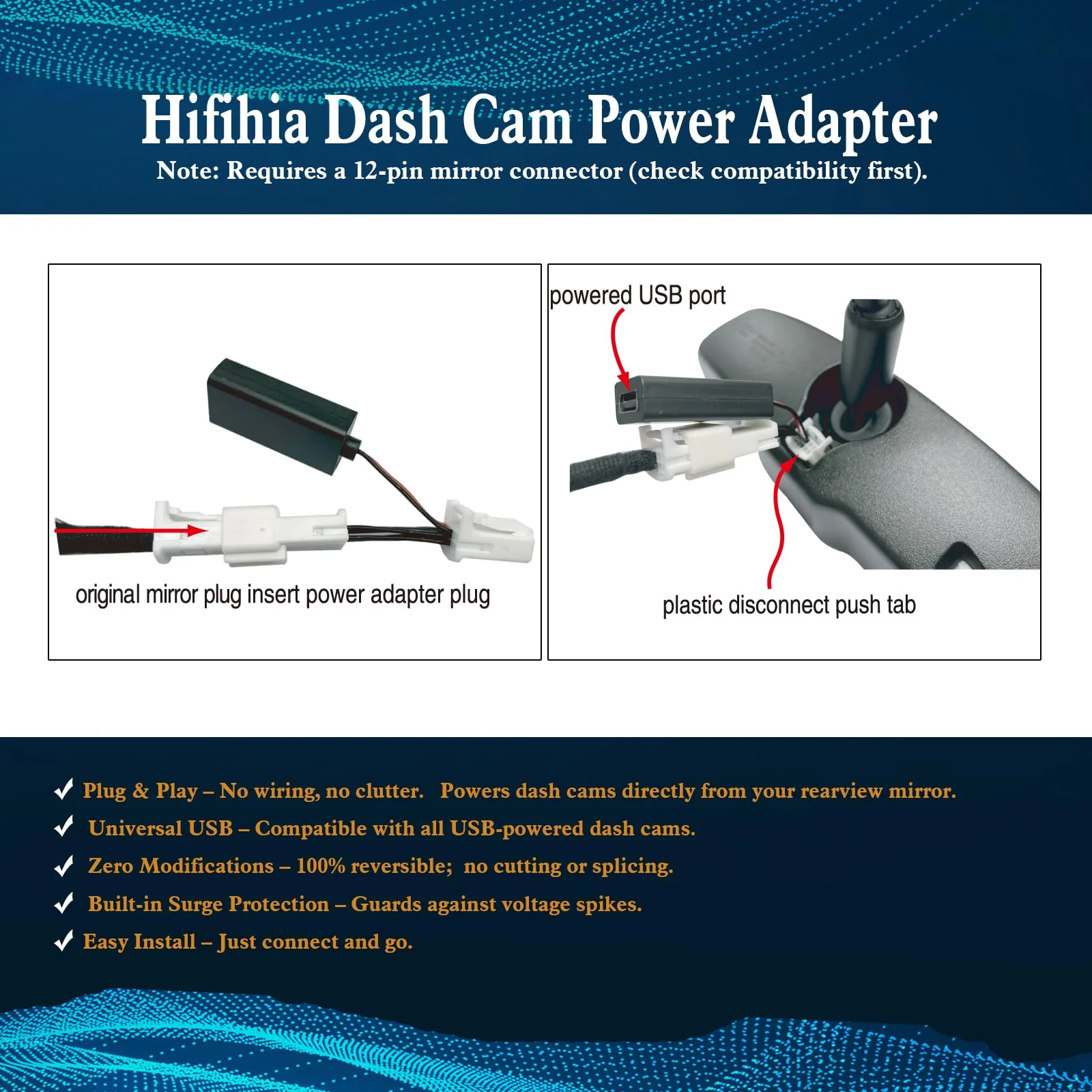 Plug & Play Dash Cam Power Adapter (12-pin Type A) for Toyota Tacoma (2015-2023), Select Highlander, Tundra, Sienna; Honda Ridgeline. Connects to Rear View Mirror Plug - Image 8