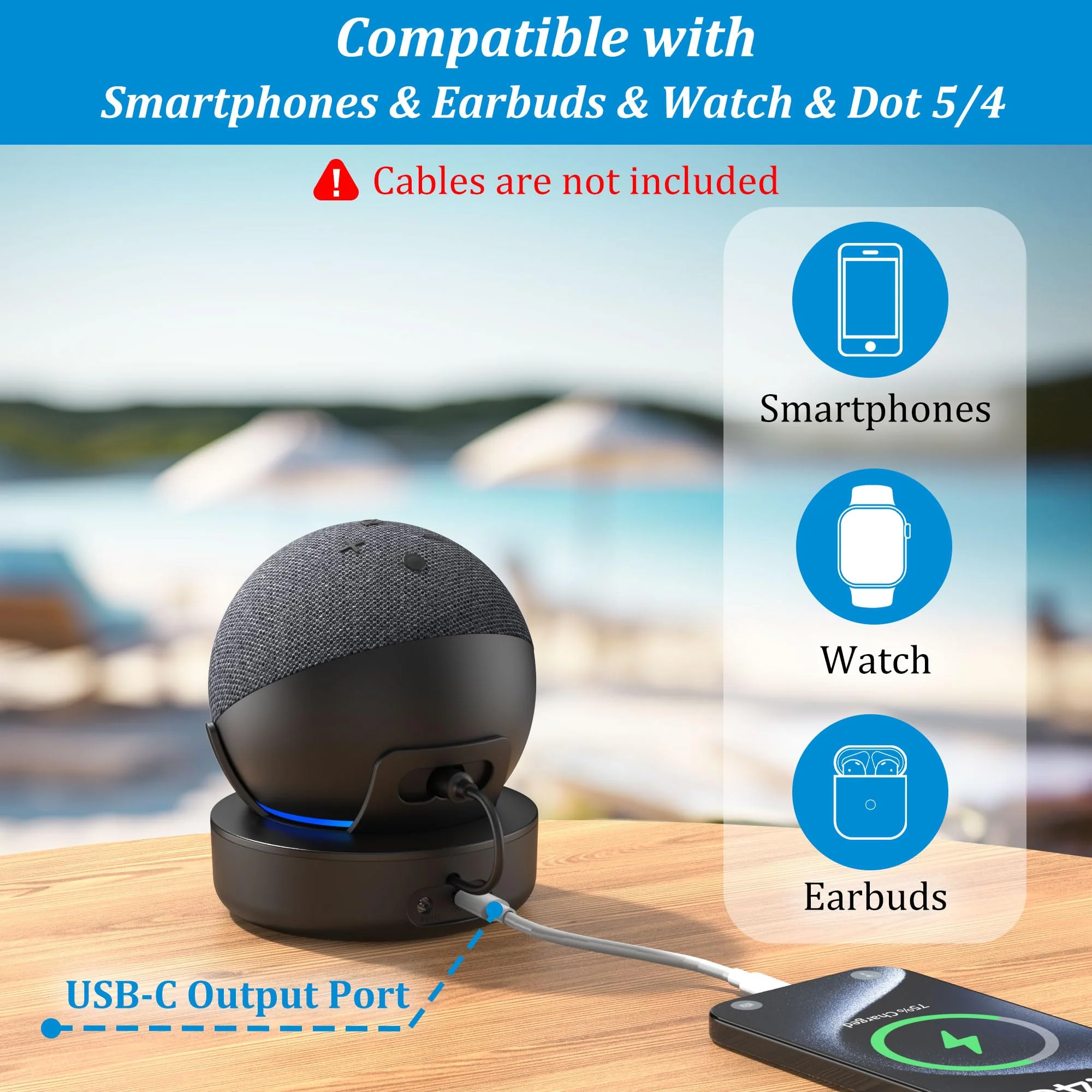 PlusAcc Battery Base for Dot 5th Gen & Dot 4th Gen & Cellphones - 5000 mAh Portable Charger Stand Holder, Rechargeable Charging Dock Station for Dot 5 & Dot 4 & Smartphones & Earbuds (Black) Black - Image 3