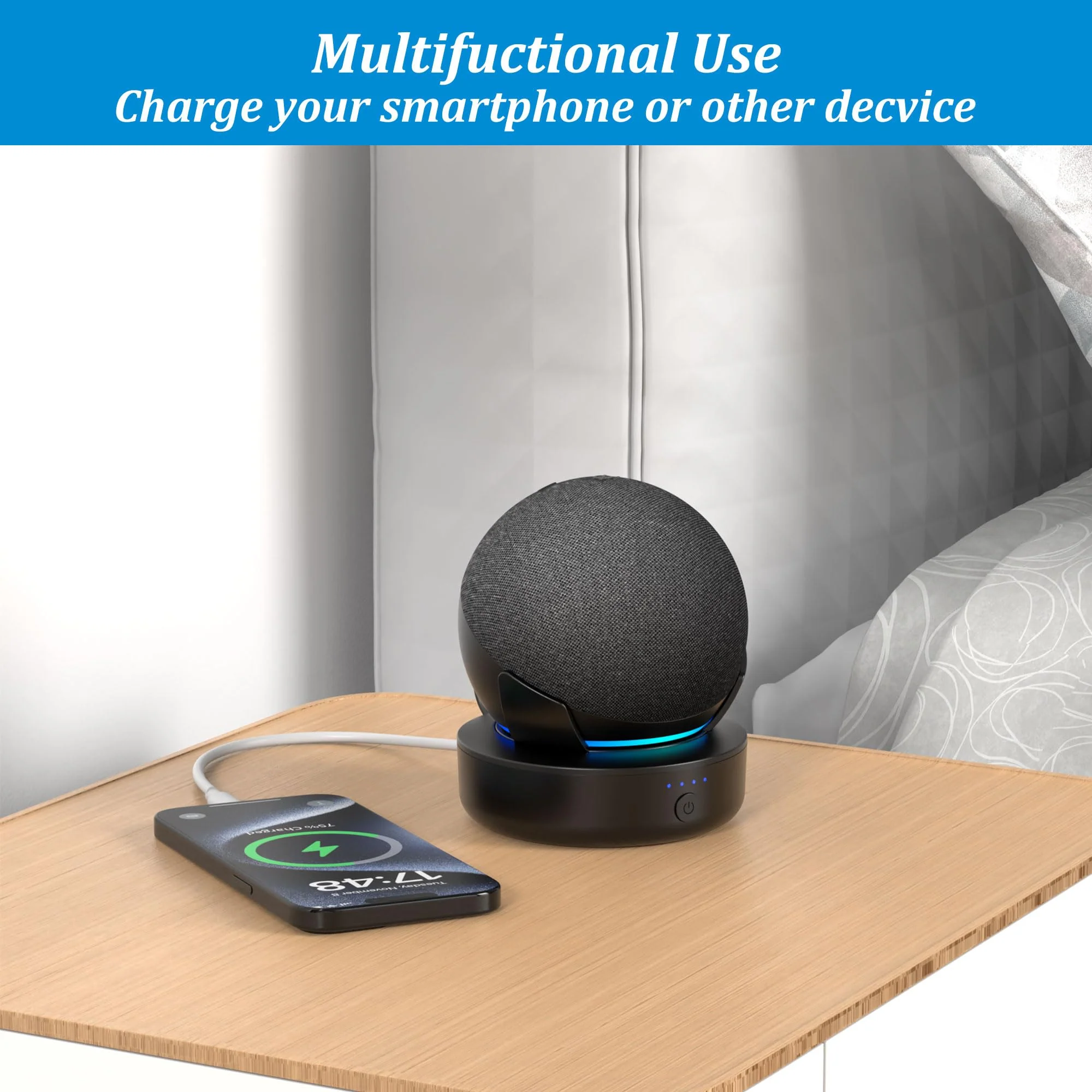 PlusAcc Battery Base for Dot 5th Gen & Dot 4th Gen & Cellphones - 5000 mAh Portable Charger Stand Holder, Rechargeable Charging Dock Station for Dot 5 & Dot 4 & Smartphones & Earbuds (Black) Black - Image 7