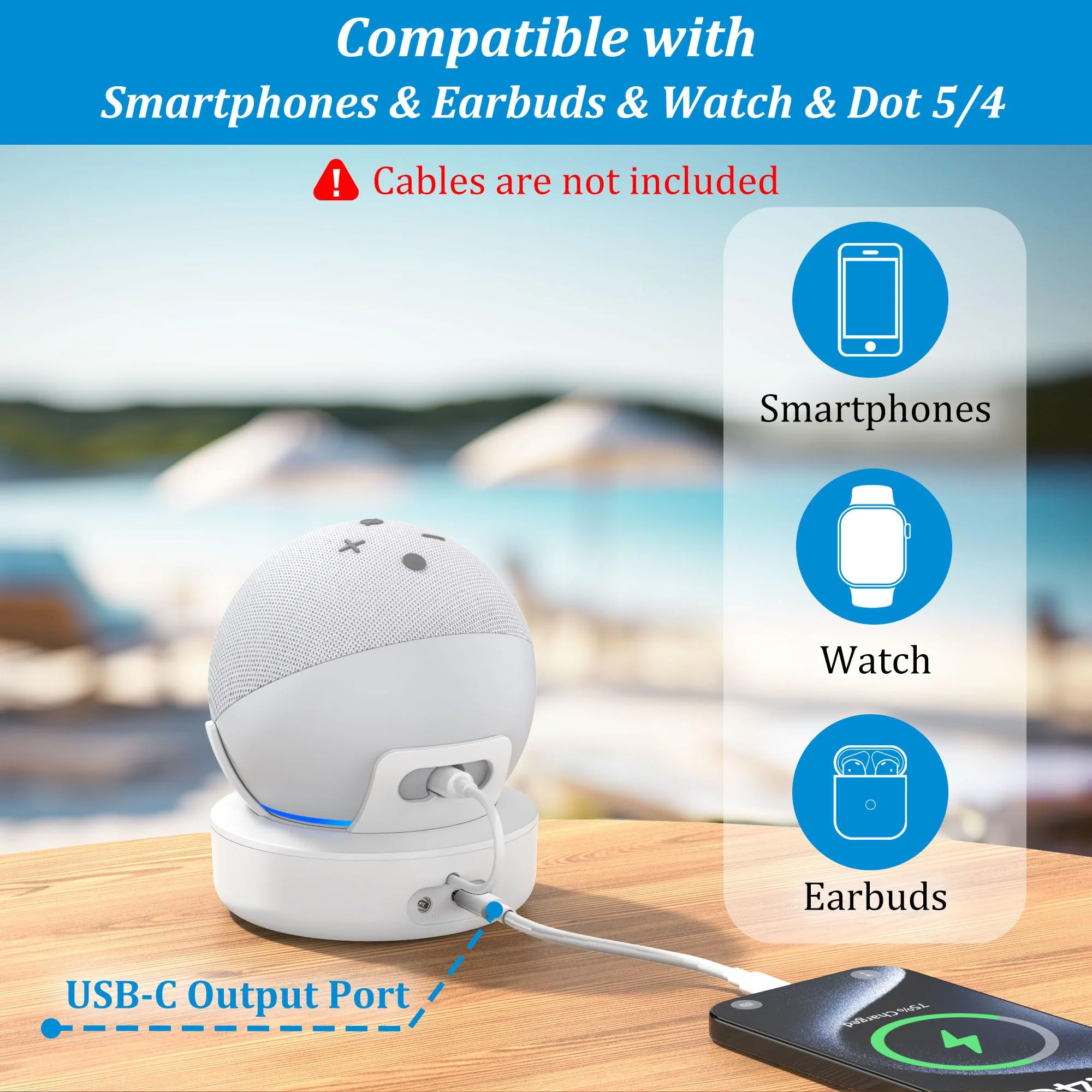PlusAcc Battery Base for Dot 5th Gen & Dot 4th Gen & Cellphones - 5000 mAh Portable Charger Stand Holder, Rechargeable Charging Dock Station for Dot 5 & Dot 4 & Smartphones & Earbuds (White) White - Image 3