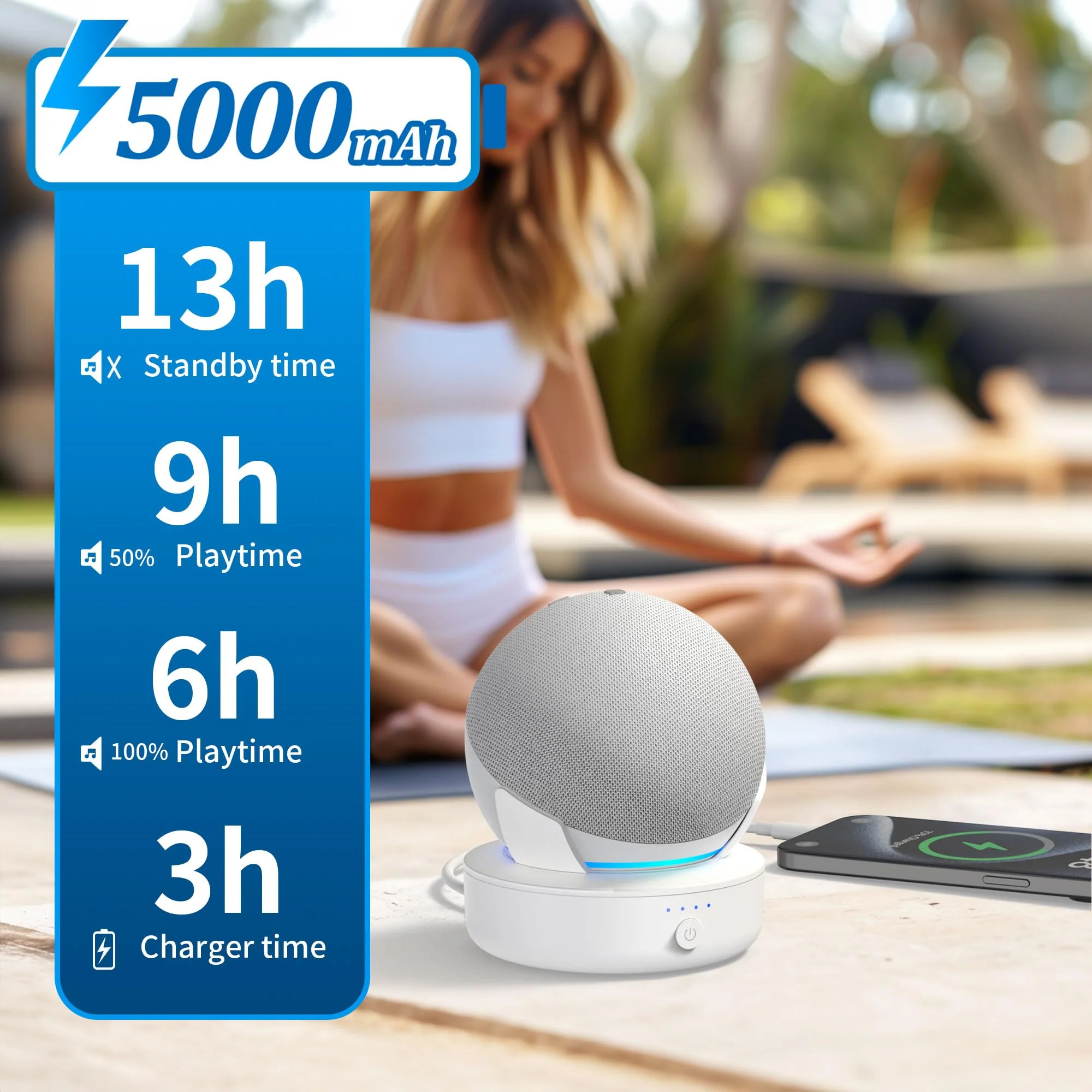 PlusAcc Battery Base for Dot 5th Gen & Dot 4th Gen & Cellphones - 5000 mAh Portable Charger Stand Holder, Rechargeable Charging Dock Station for Dot 5 & Dot 4 & Smartphones & Earbuds (White) White - Image 4