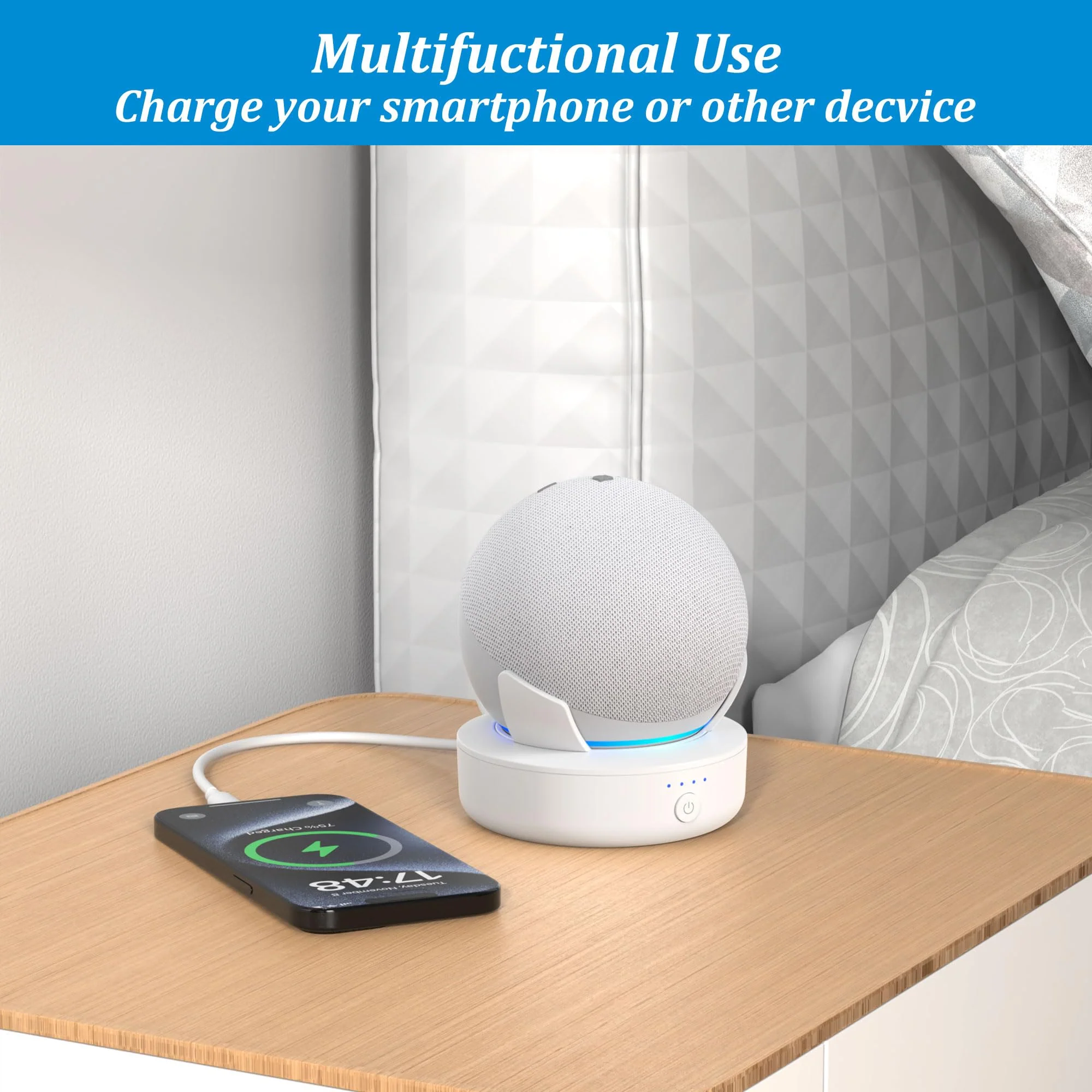 PlusAcc Battery Base for Dot 5th Gen & Dot 4th Gen & Cellphones - 5000 mAh Portable Charger Stand Holder, Rechargeable Charging Dock Station for Dot 5 & Dot 4 & Smartphones & Earbuds (White) White - Image 7