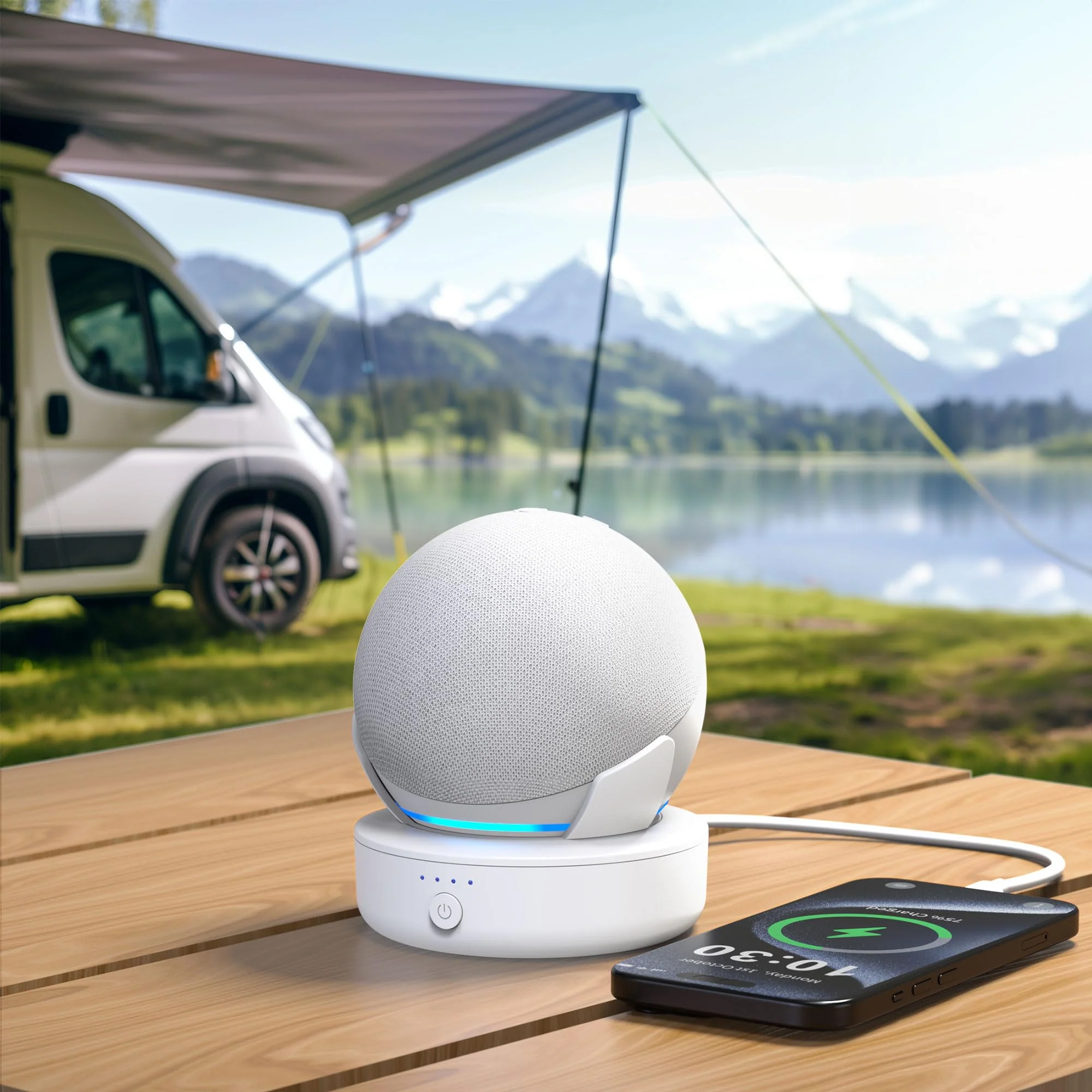 PlusAcc Battery Base for Dot 5th Gen & Dot 4th Gen - Portable Table Rechargeable Stand Accessories Compatible with iPhone Models & Dot 5th Generation (White) White - Image 5