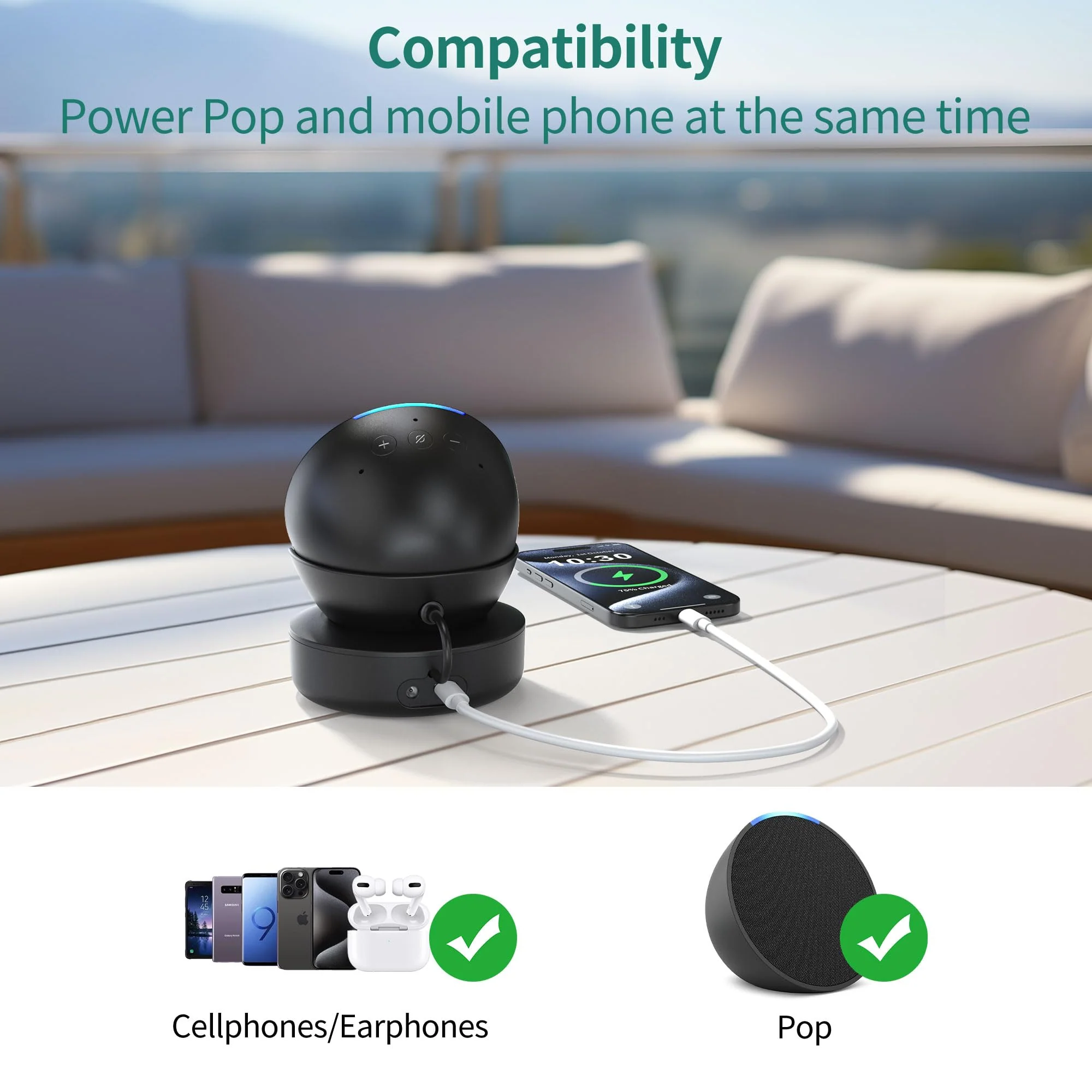 PlusAcc Battery Base for Pop - 5000mAh Portable Charger Stand with 9 Hours Playback Playtime with USB-C Output Port, Charging Dock for iPhone Samsung and Other Smart Electronic Accessories (Black) Black - Image 2
