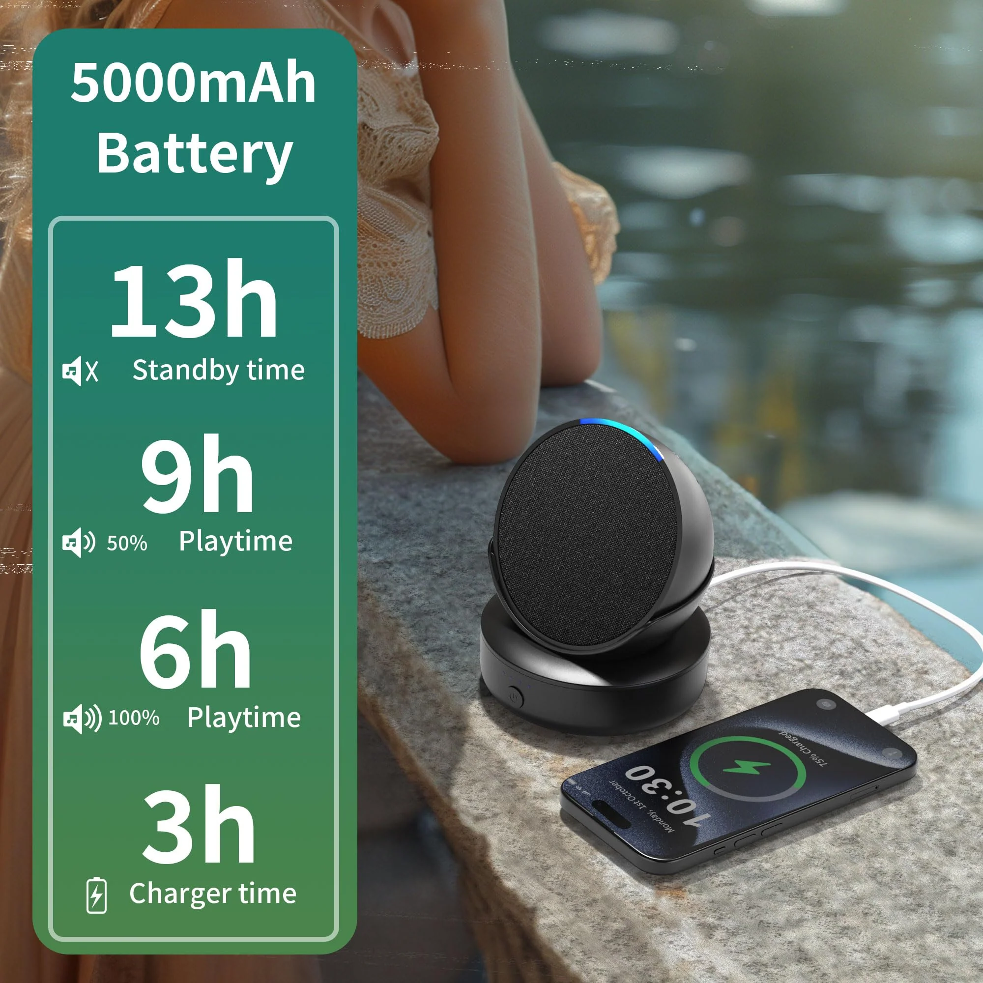 PlusAcc Battery Base for Pop - 5000mAh Portable Charger Stand with 9 Hours Playback Playtime with USB-C Output Port, Charging Dock for iPhone Samsung and Other Smart Electronic Accessories (Black) Black - Image 3