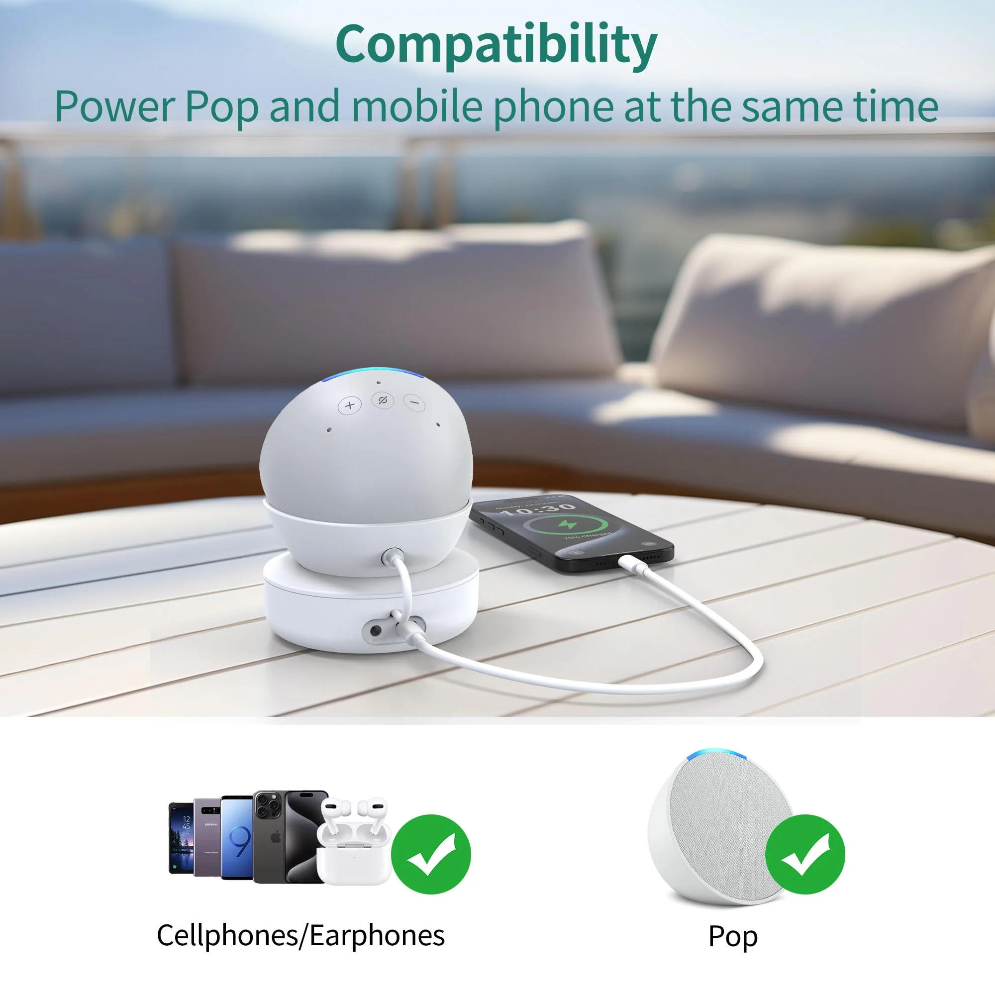 PlusAcc Battery Base for Pop - 5000mAh Portable Charger Stand with 9 Hours Playback Playtime with USB-C Output Port, Charging Dock for iPhone Samsung and Other Smart Electronic Accessories (White) White - Image 2