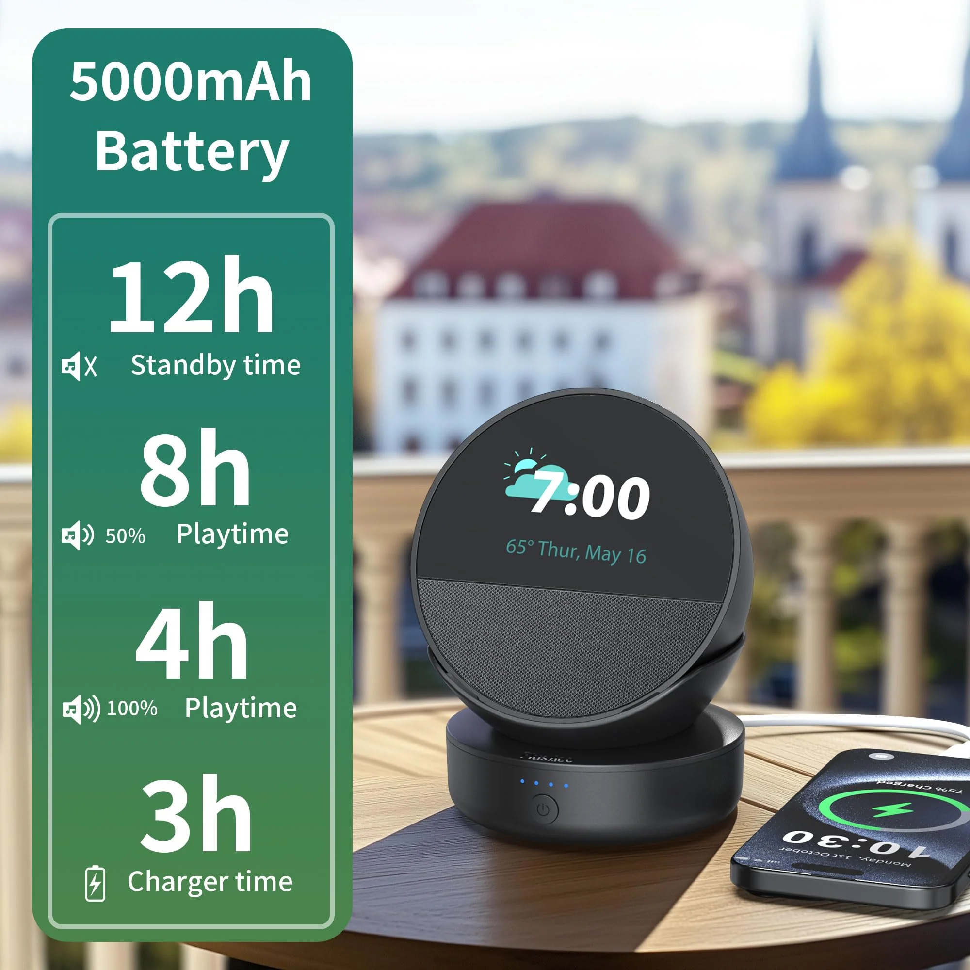 PlusAcc Battery Base for Spot - 5000mAh Portable Charger Stand with 8 Hours Sound Playback Playtime with USB-C Output Port, Charging Dock Accessories for iPhone and Spot (Not Include Spot)(Black) Black - Image 3