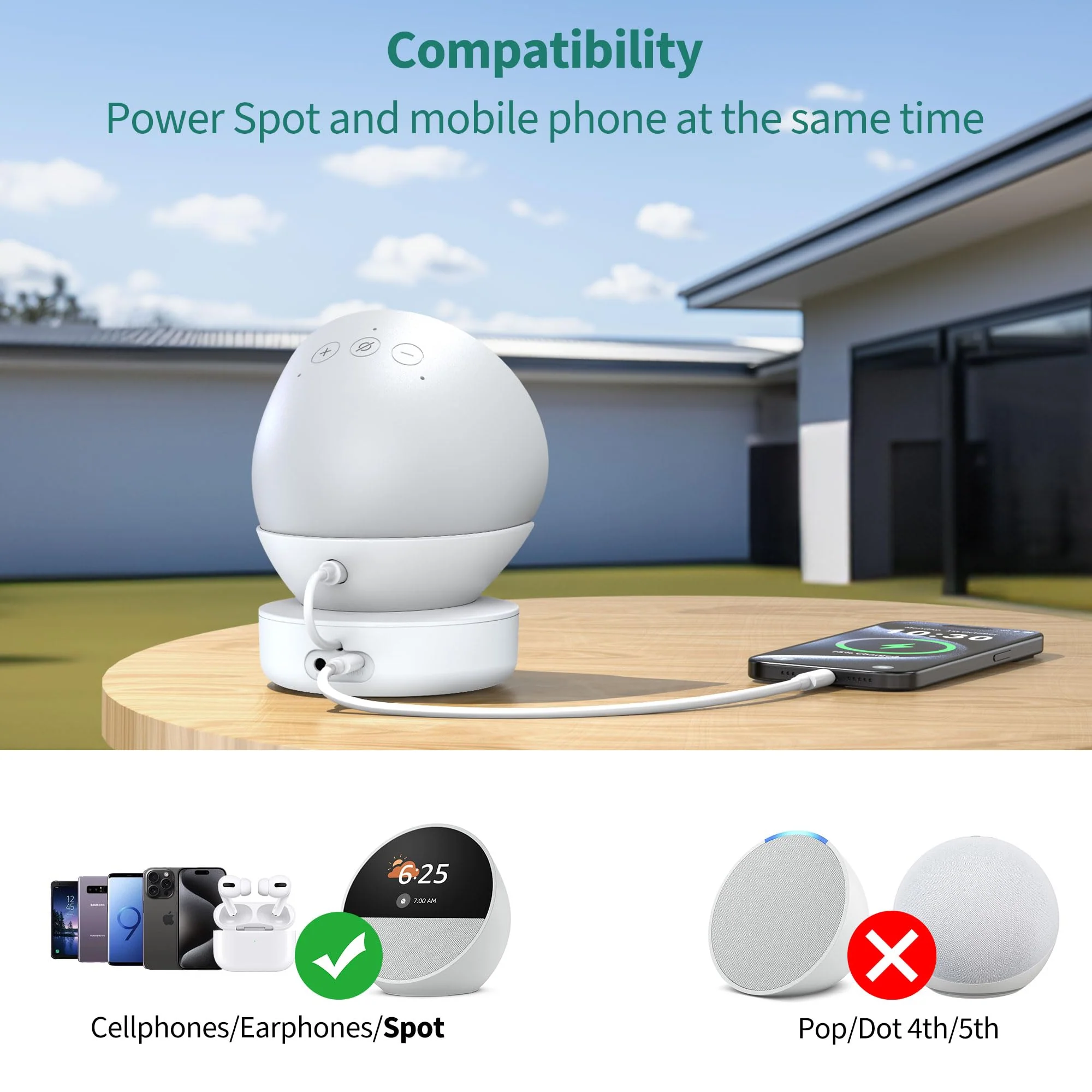 PlusAcc Battery Base for Spot - 5000mAh Portable Charger Stand with 8 Hours Sound Playback Playtime with USB-C Output Port, Charging Dock Accessories for iPhone and Spot (Not Include Spot)(White) White - Image 2