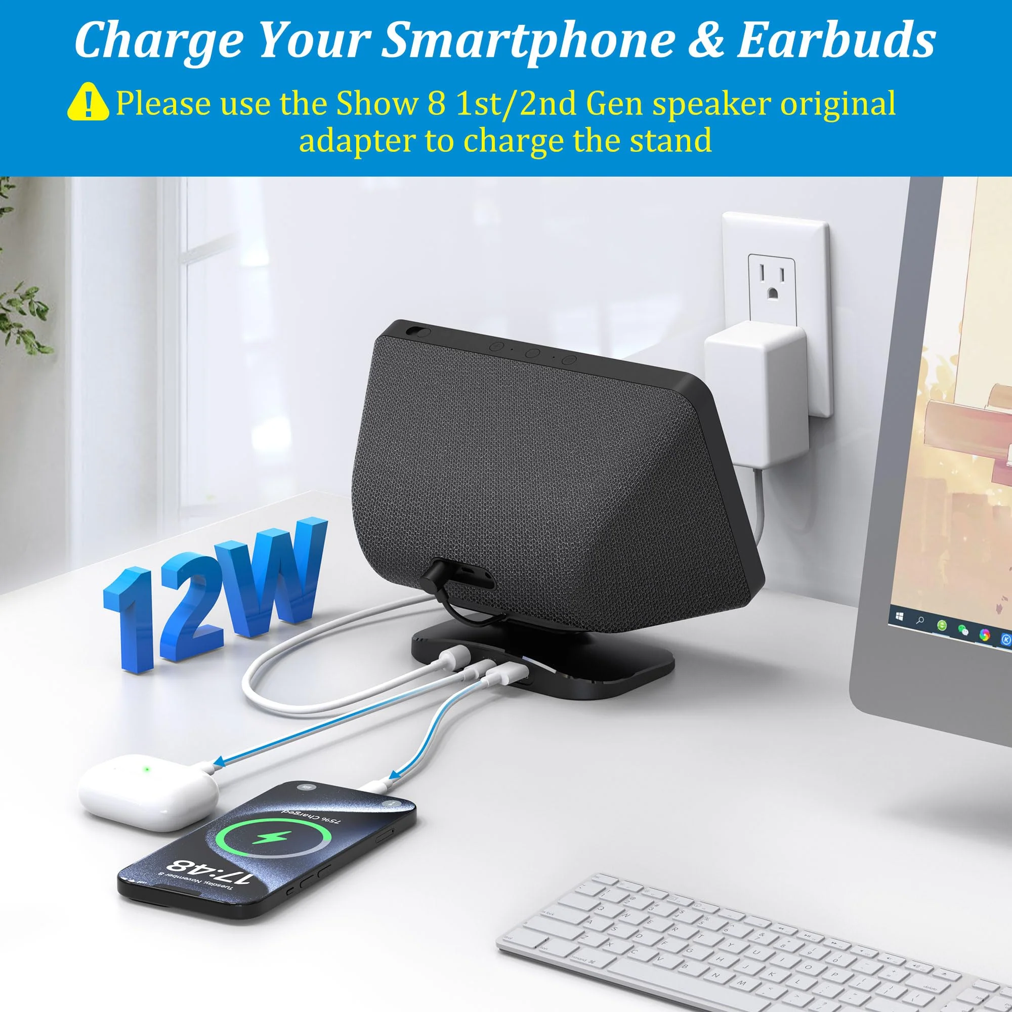 PlusAcc Charging Stand for Show 8 (1st Gen & 2nd Gen) - Adjustable Table Holder with 2 Charging Ports (USB-C & USB-A), Tilt Magnetic Base for Charge Cellphones and Earbuds, Non-Slip Base (Black) - Image 3