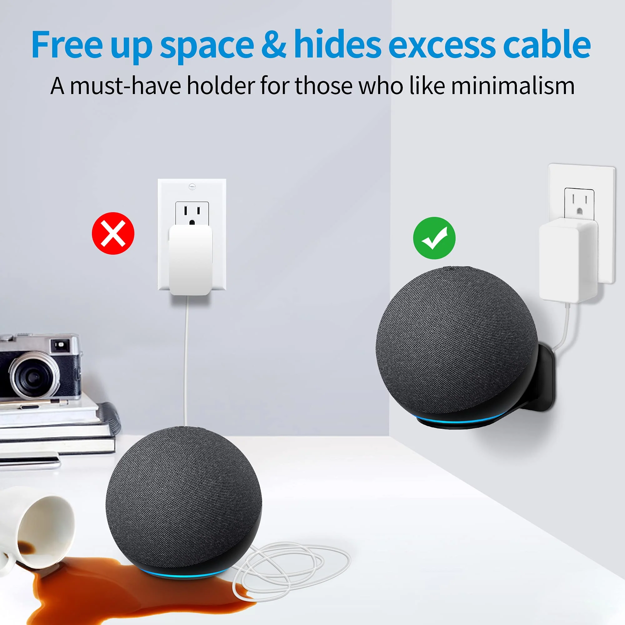PlusAcc Wall Mount for 4th Gen - Space-Saving Stand Shelf Compatible with Google Home Mini & 4th Generation, Metal Bracket with Cable Management（Black） Black - Image 3