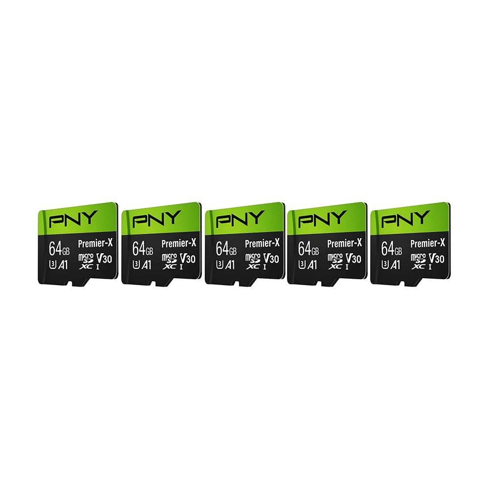 PNY 64GB Premier-X Class 10 U3 V30 microSDXC Flash Memory Card 5-Pack - 100MB/s, Class 10, U3, V30, A1, 4K UHD, Full HD, UHS-I, Micro SD FLASH CARD - 5 PACK - Image 2