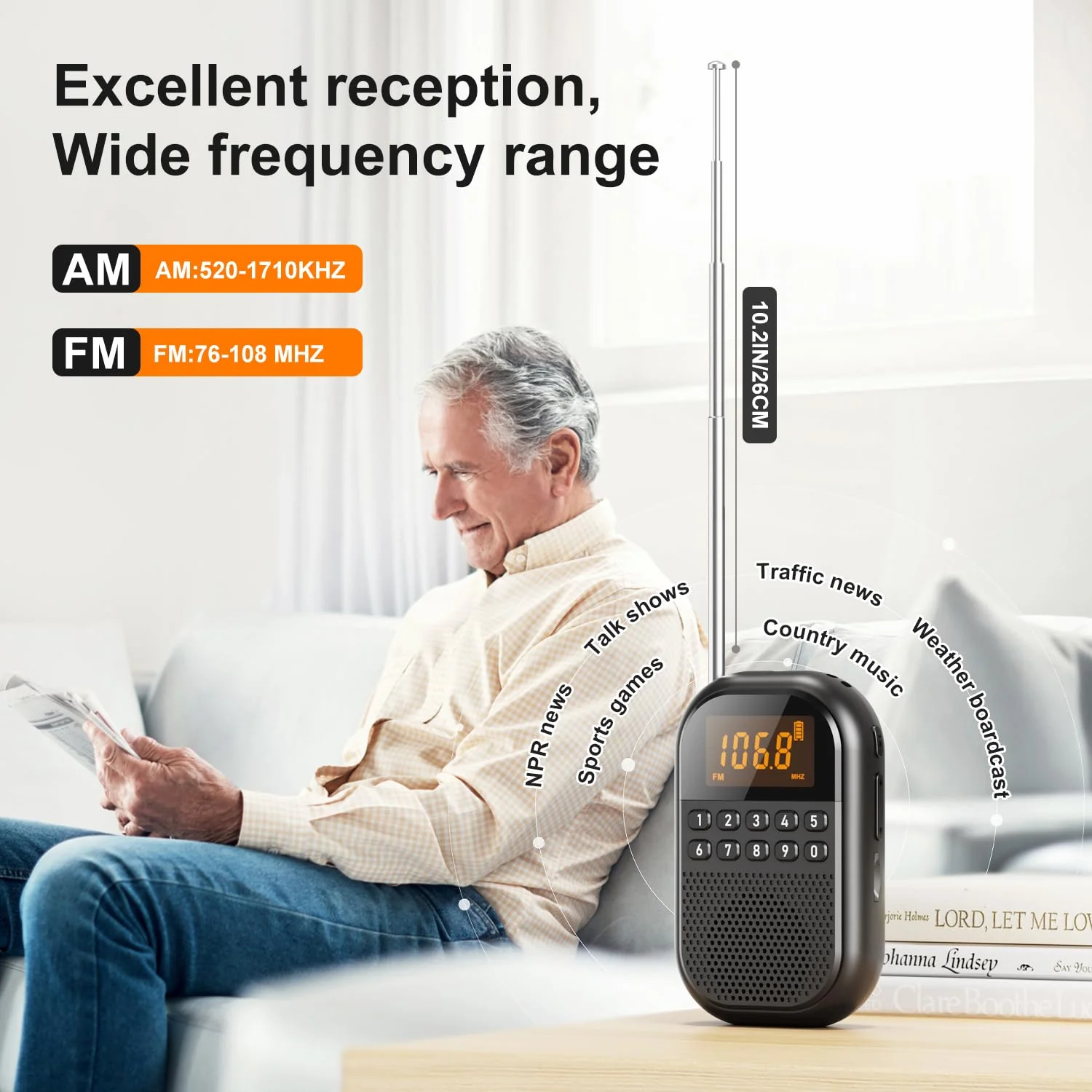 Pocket AM FM Radio:1100mAh Rechargeable Radio Supports Bluetooth, Mini FM AM Receiver with Large Speaker, Stereo Earphone, Sleep Timer, Easy to use for Jogging, Walking Black - Image 2