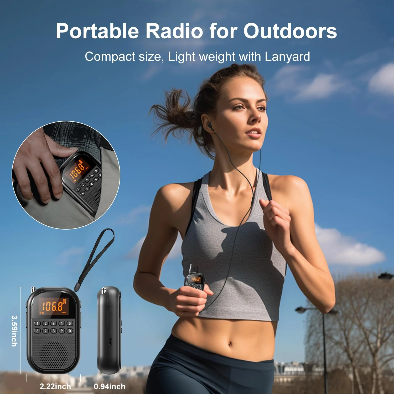 Pocket AM FM Radio:1100mAh Rechargeable Radio Supports Bluetooth, Mini FM AM Receiver with Large Speaker, Stereo Earphone, Sleep Timer, Easy to use for Jogging, Walking Black - Image 8