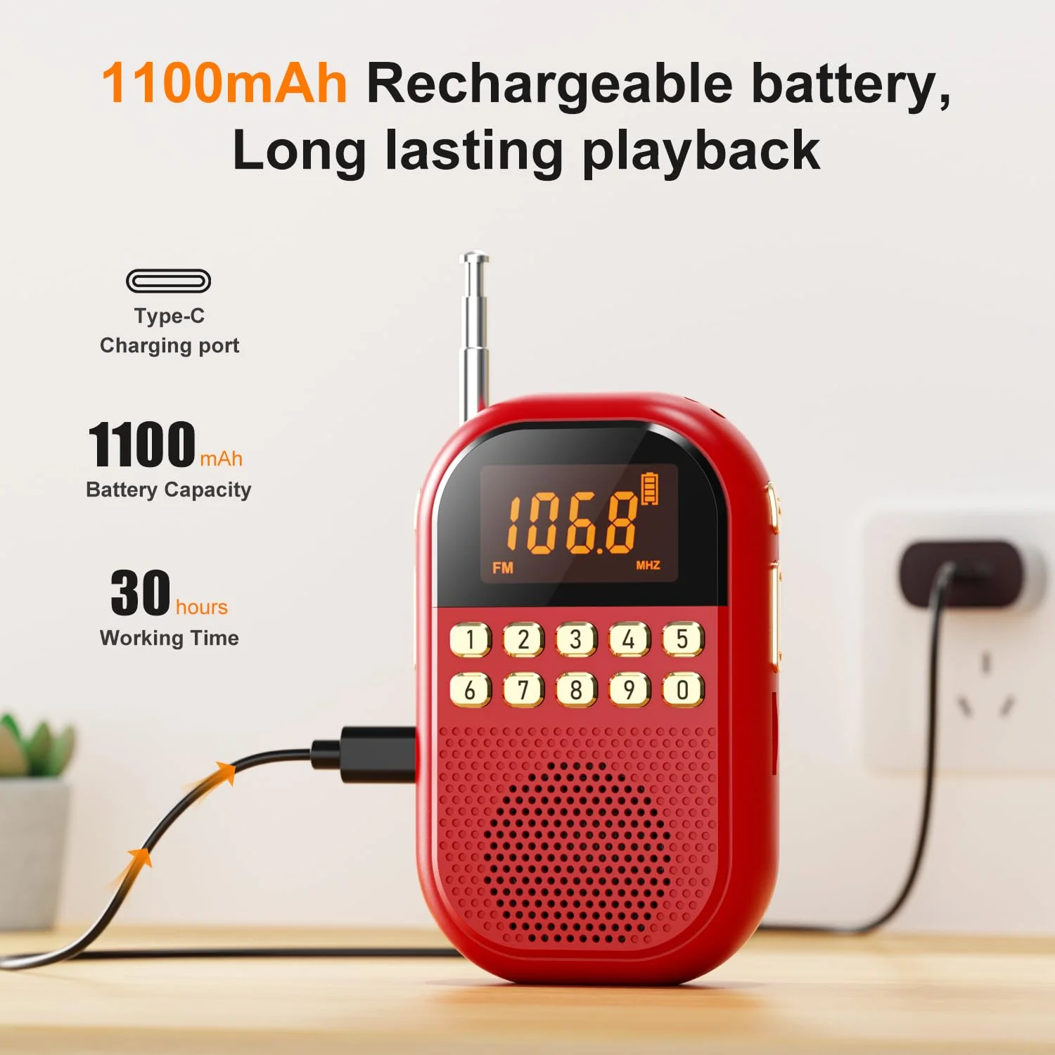 Pocket AM FM Radio:1100mAh Rechargeable Radio Supports Bluettoth, Mini FM AM Receiver with Large Speaker, Stereo Earphone, Sleep Timer, Easy to use for Jogging, Walking Red - Image 3