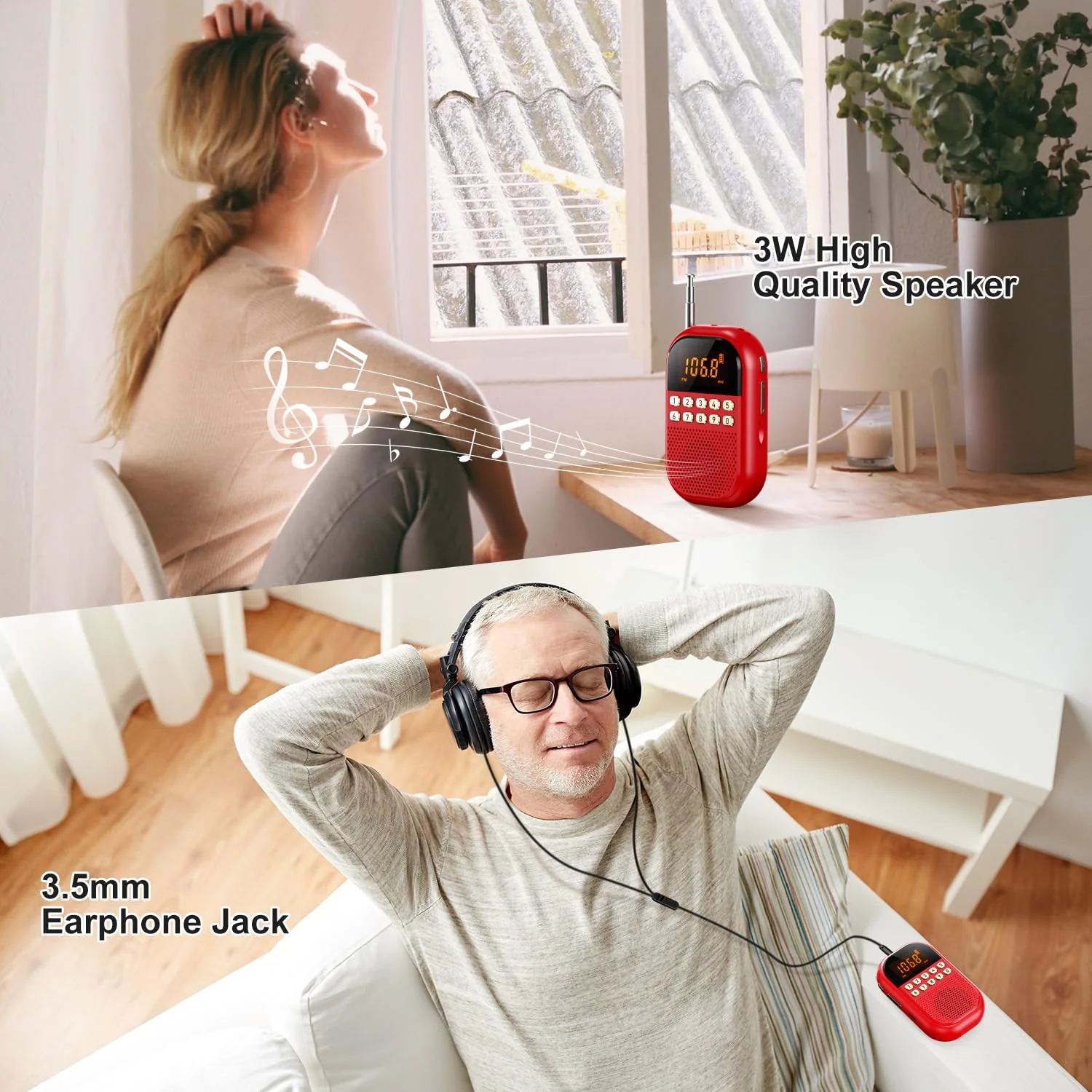 Pocket AM FM Radio:1100mAh Rechargeable Radio Supports Bluettoth, Mini FM AM Receiver with Large Speaker, Stereo Earphone, Sleep Timer, Easy to use for Jogging, Walking Red - Image 4