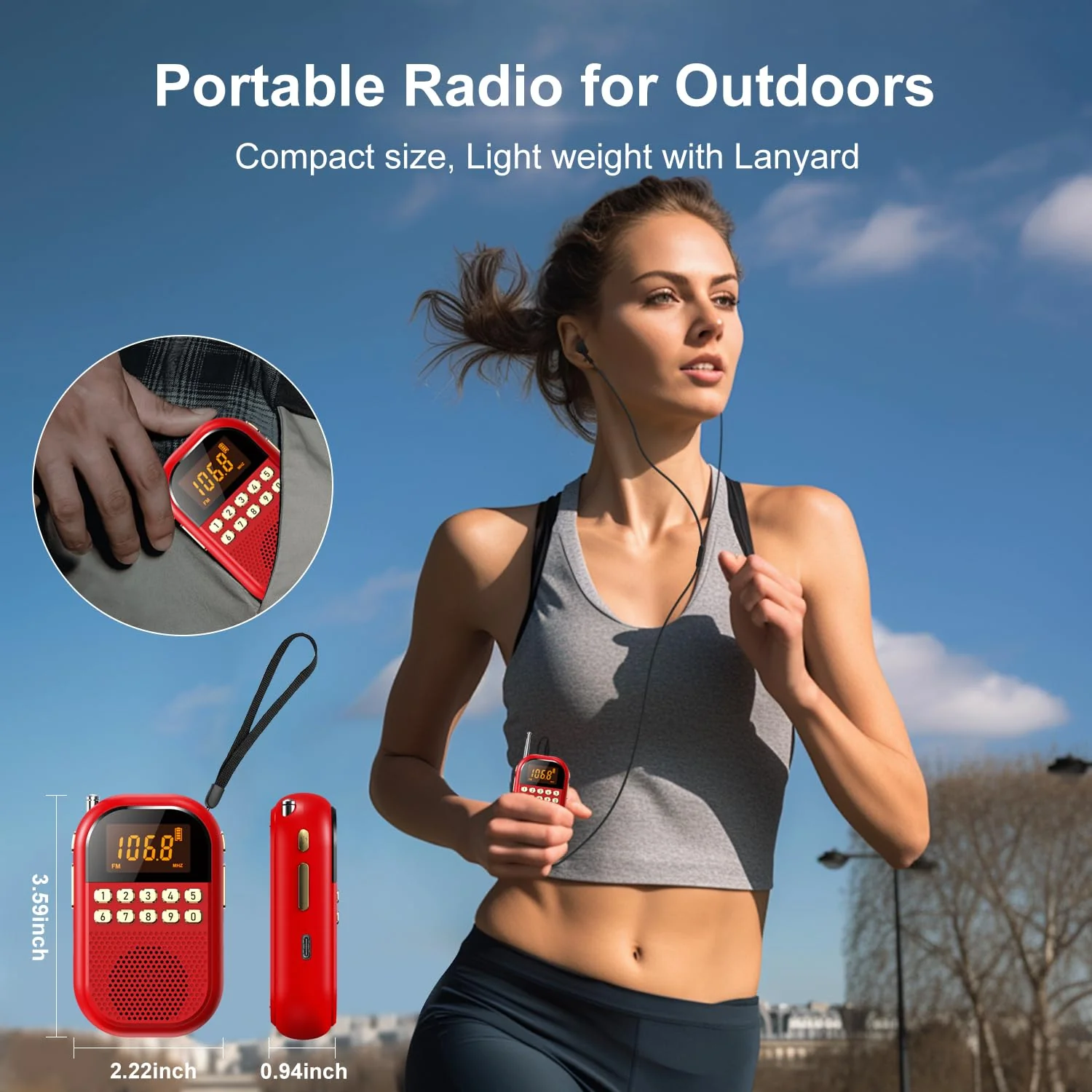 Pocket AM FM Radio:1100mAh Rechargeable Radio Supports Bluettoth, Mini FM AM Receiver with Large Speaker, Stereo Earphone, Sleep Timer, Easy to use for Jogging, Walking Red - Image 6
