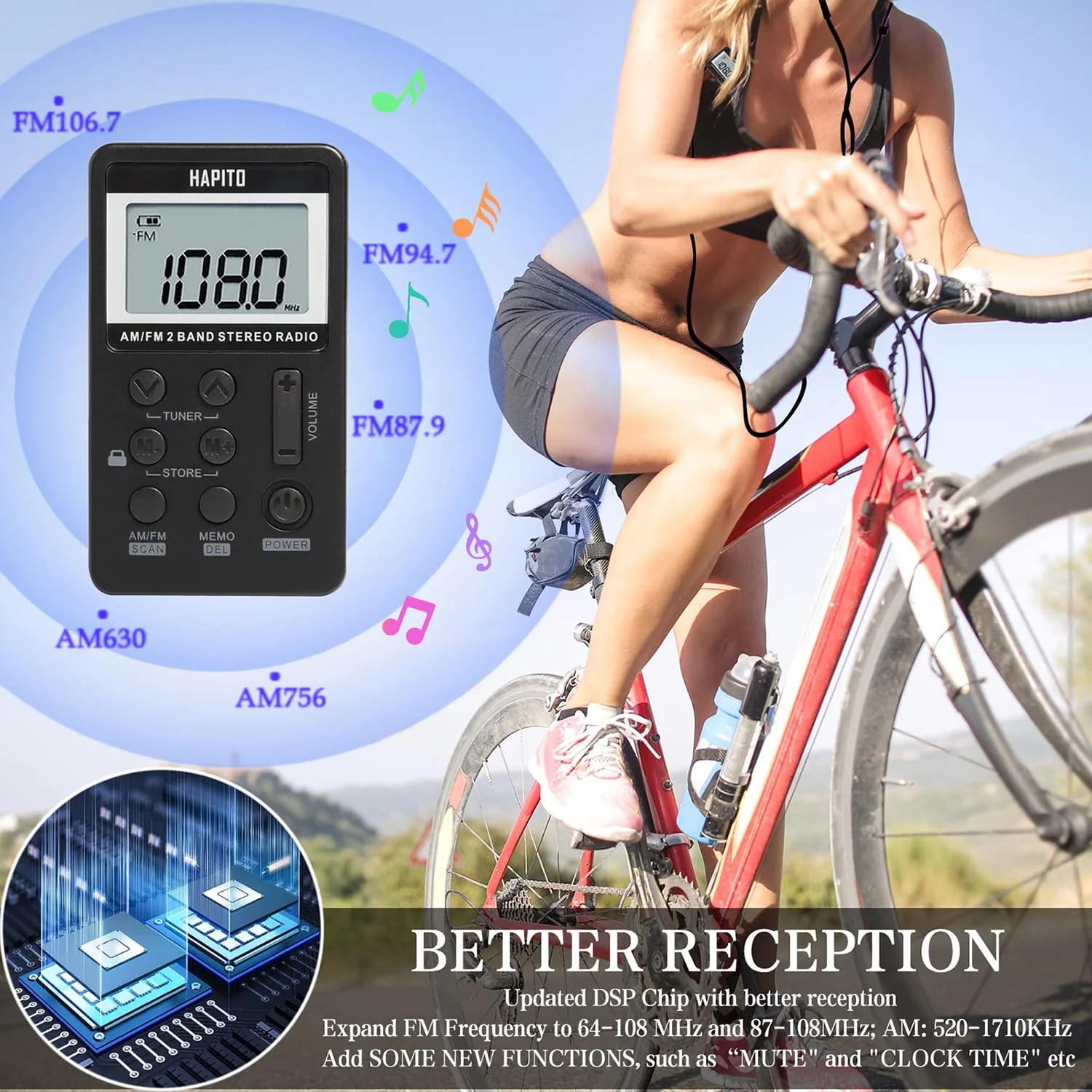 Pocket AM FM Radio Portable Digital Tuning Radio with Best Reception - Hapito Personal Small Transistor radios with Sterio Earphone, Rechargeable Battery and Lock Screen for Walk/Gym (Black) Black - Image 2