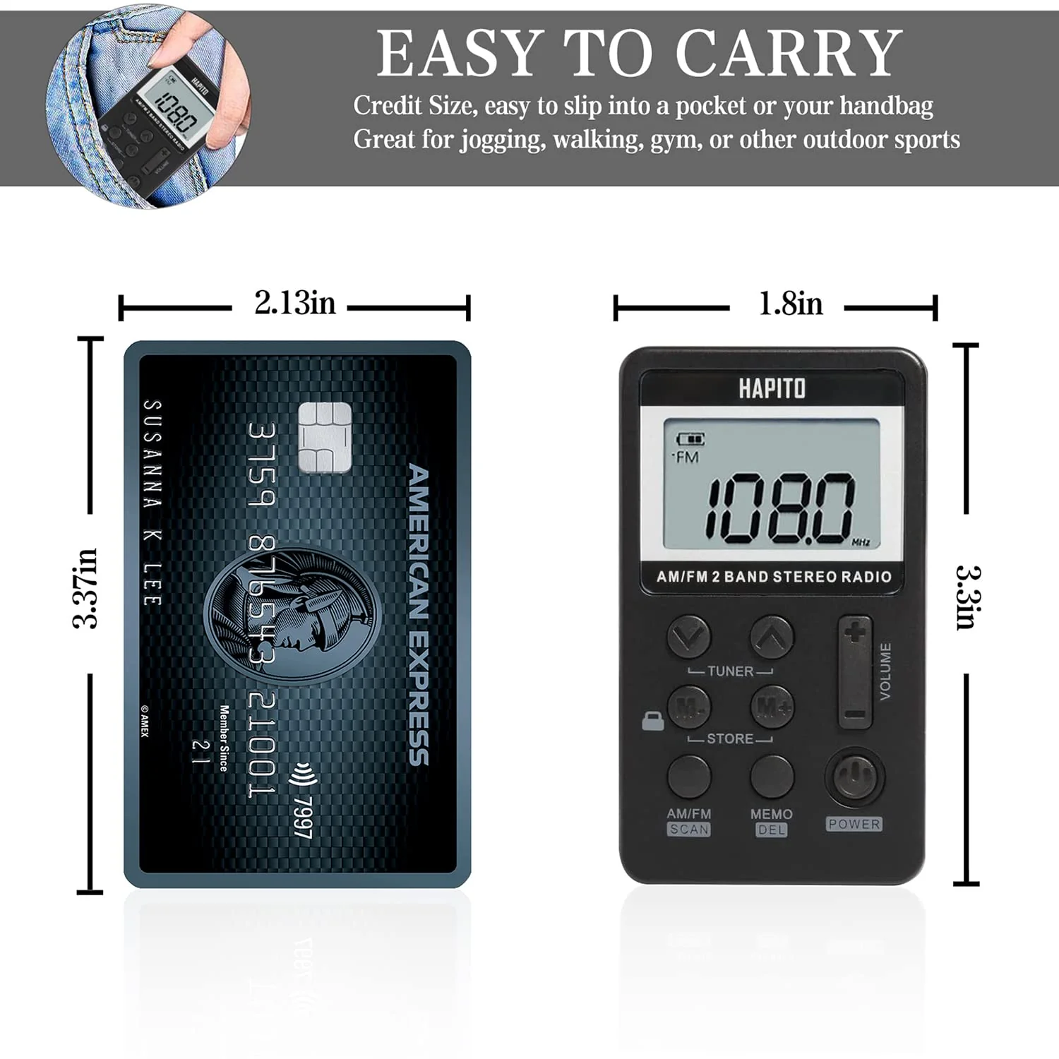 Pocket AM FM Radio Portable Digital Tuning Radio with Best Reception - Hapito Personal Small Transistor radios with Sterio Earphone, Rechargeable Battery and Lock Screen for Walk/Gym (Black) Black - Image 3