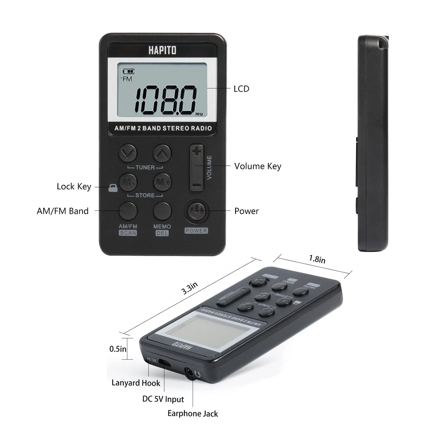 Pocket AM FM Radio Portable Digital Tuning Radio with Best Reception - Hapito Personal Small Transistor radios with Sterio Earphone, Rechargeable Battery and Lock Screen for Walk/Gym (Black) Black - Image 5