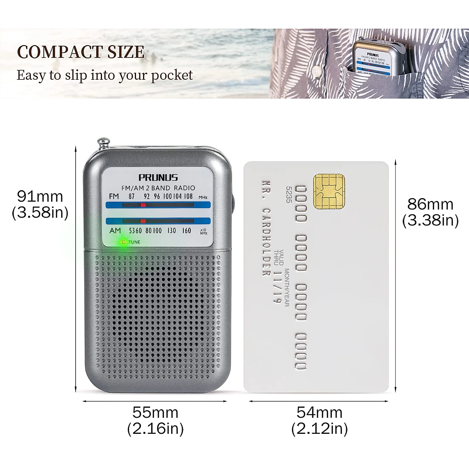 Pocket AM FM Radio Portable, Mini Transistor Radio with Excellent Reception, Tuning Knob with Signal Indicator, AAA Battery Operated for Walking and Jogging, DE333 by PRUNUS Silver01 - Image 6