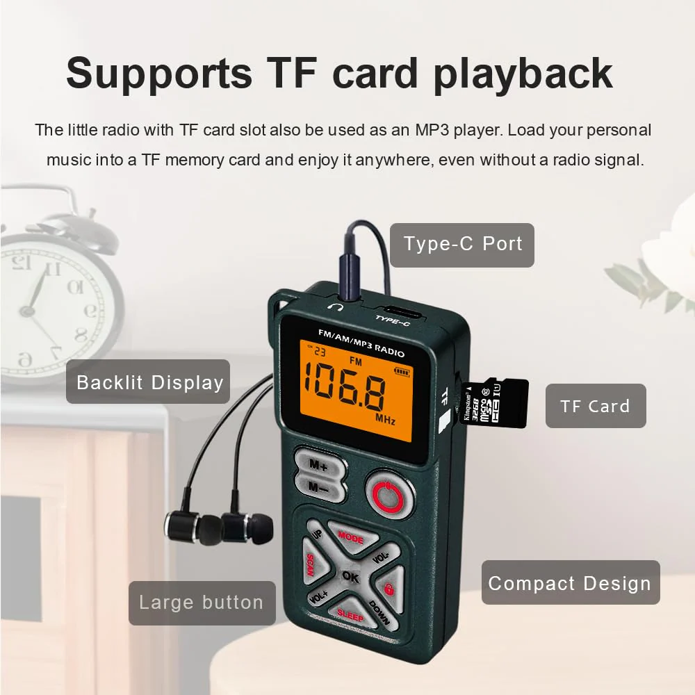 Pocket am fm Radio Portable with Stereo Headphones, Mini Transistor Radio Digital Tuning with Excellent Reception, TF Slot, USB-C Rechargeable Battery Operated, Belt Clip for Walking, Jogging (Green) Green - Image 3