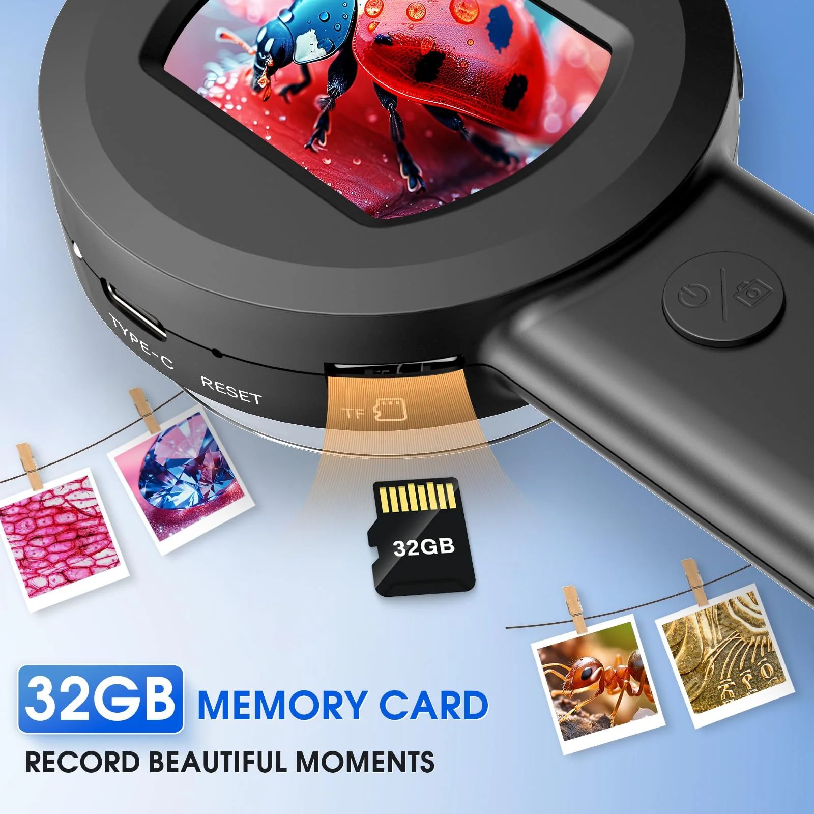 Pocket Digital Microscope for Adults Kids: 100X Handheld Magnifying Glass with Light, USB Coin Magnifier for Collector, Portable Jewelers Loupe with 2" Screen, Mini Scope for Trichome Black - Image 4