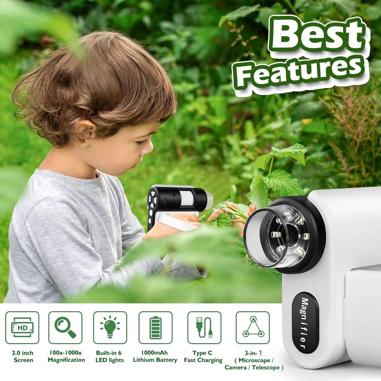 Pocket Microscope for Kids, 2'' LCD Screen 32G 100X-1000X Handheld Microscope with 6 LED Lights, Birthday Gifts for Kids 6 7 8 9 10 11 12 Boys Girls - Image 2