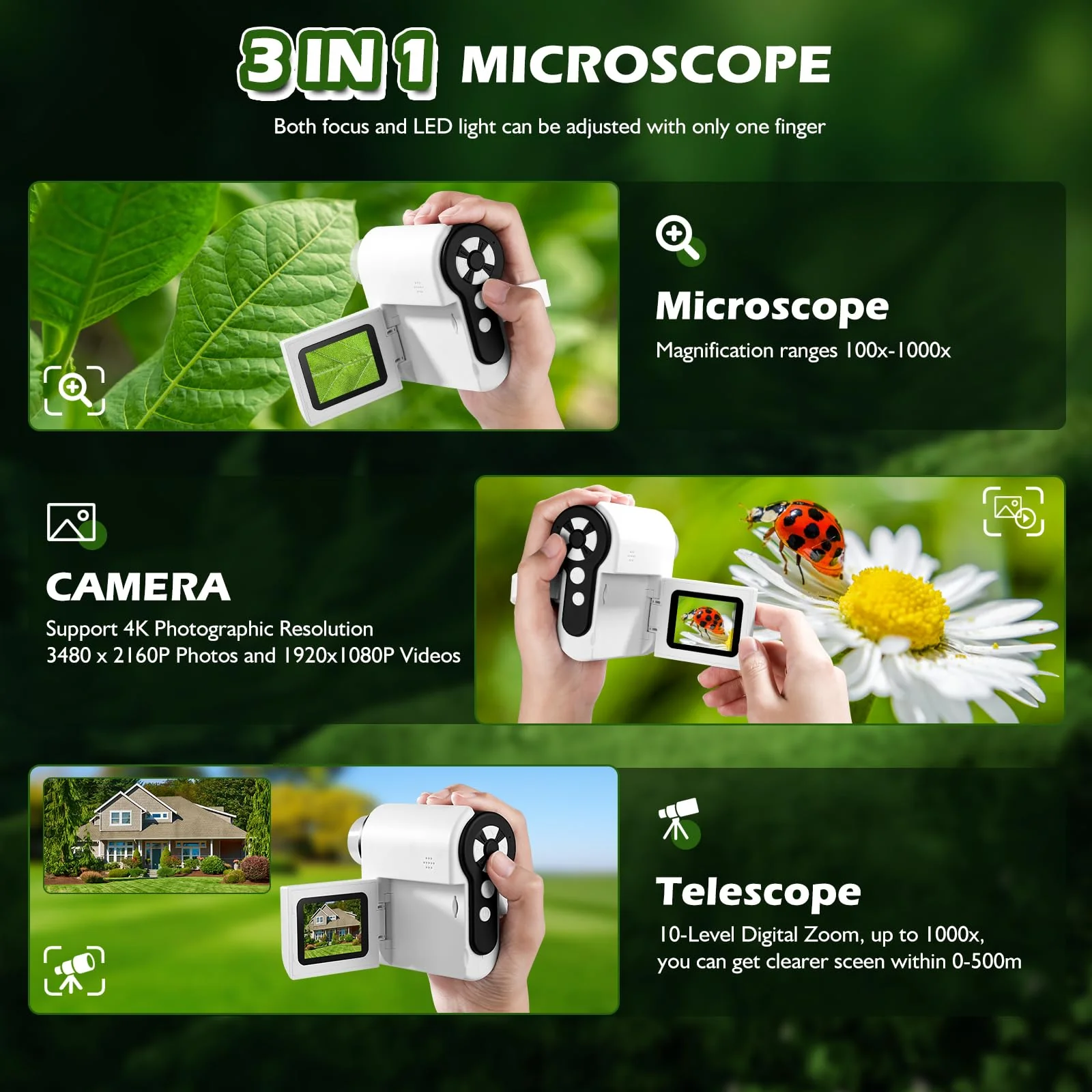 Pocket Microscope for Kids, 2'' LCD Screen 32G 100X-1000X Handheld Microscope with 6 LED Lights, Birthday Gifts for Kids 6 7 8 9 10 11 12 Boys Girls - Image 3