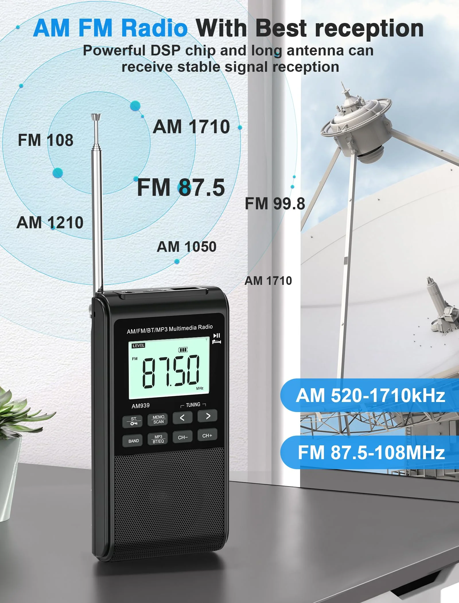 Pocket Radio with AM FM-1200mAh Rechargeable Radio-Portable Transistor Radio with Best Reception, Bluetooth Receiver,5W Big Speaker,LCD Screen,Earphone Jack,Support SD Card and USB Player for Jogging Black - Image 2