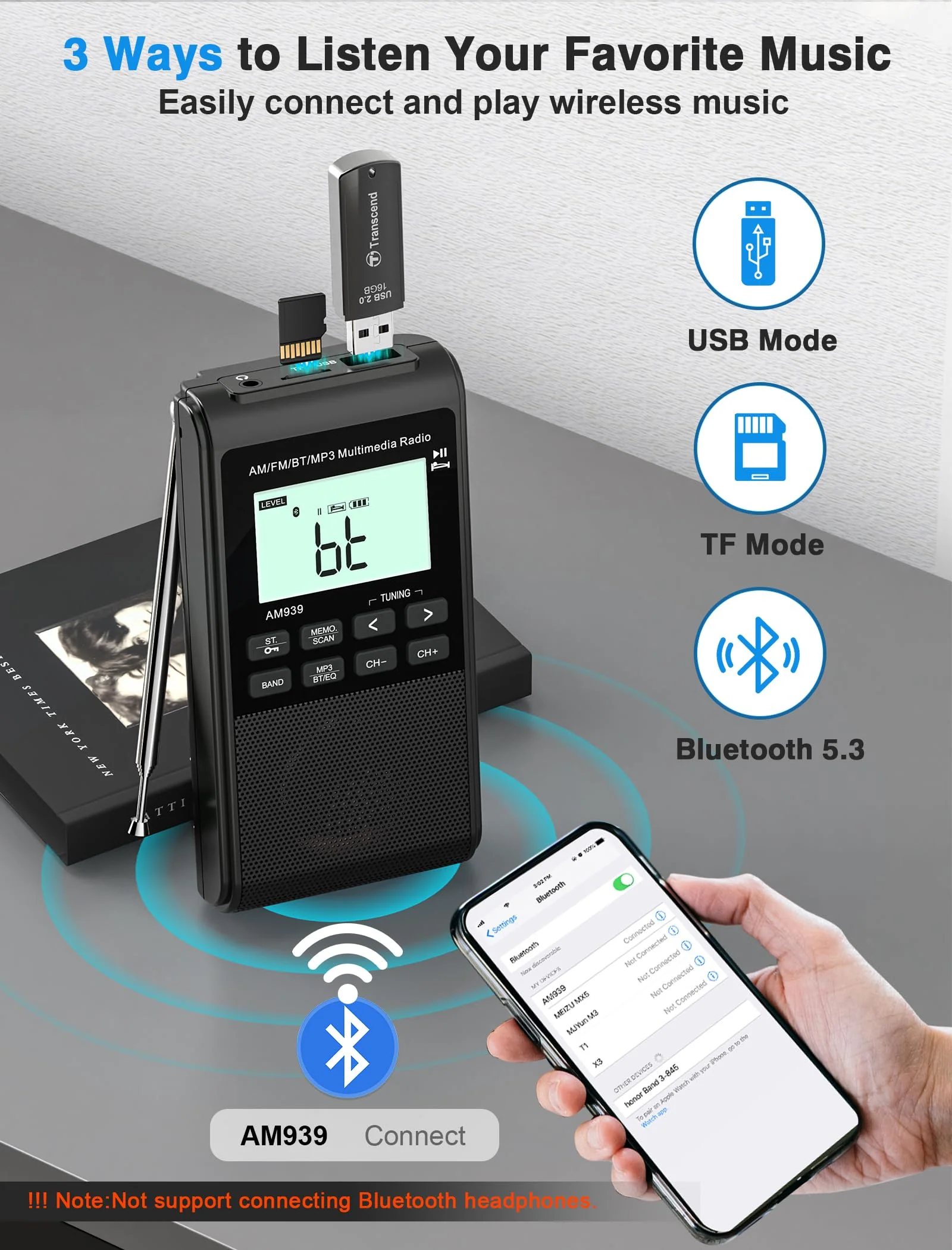 Pocket Radio with AM FM-1200mAh Rechargeable Radio-Portable Transistor Radio with Best Reception, Bluetooth Receiver,5W Big Speaker,LCD Screen,Earphone Jack,Support SD Card and USB Player for Jogging Black - Image 3