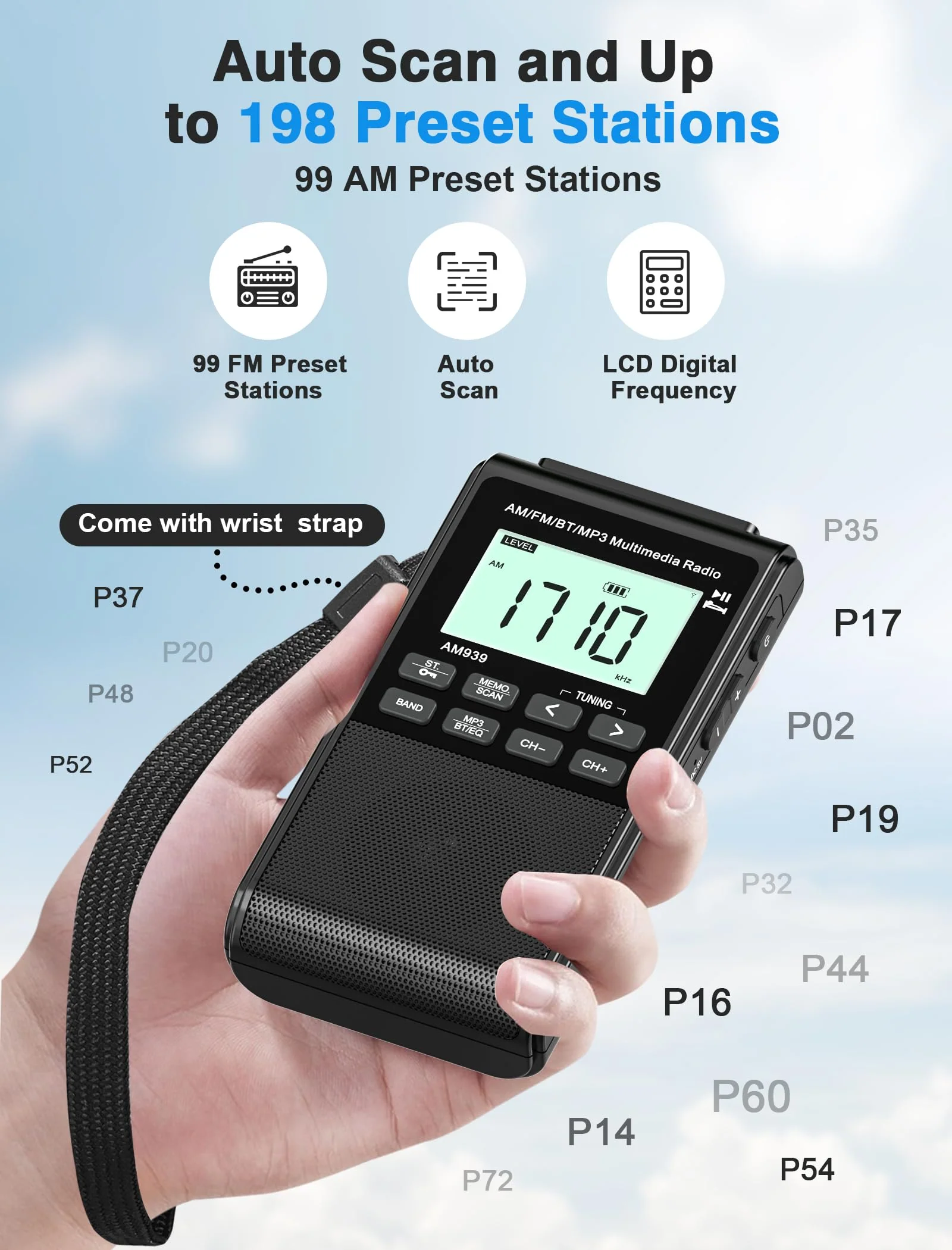 Pocket Radio with AM FM-1200mAh Rechargeable Radio-Portable Transistor Radio with Best Reception, Bluetooth Receiver,5W Big Speaker,LCD Screen,Earphone Jack,Support SD Card and USB Player for Jogging Black - Image 4