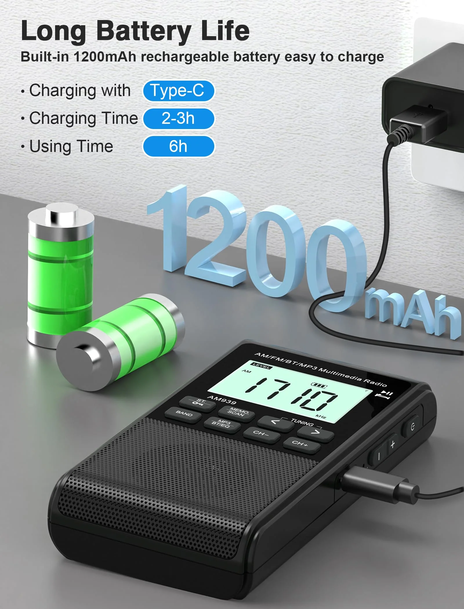 Pocket Radio with AM FM-1200mAh Rechargeable Radio-Portable Transistor Radio with Best Reception, Bluetooth Receiver,5W Big Speaker,LCD Screen,Earphone Jack,Support SD Card and USB Player for Jogging Black - Image 5