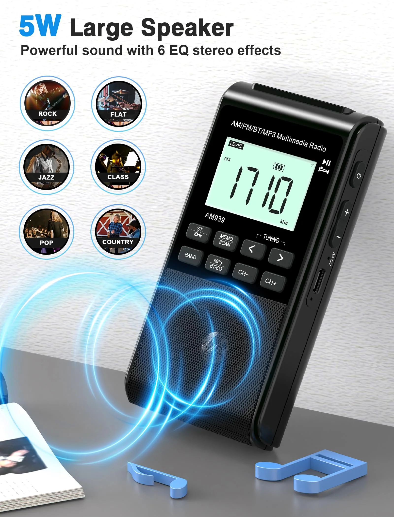 Pocket Radio with AM FM-1200mAh Rechargeable Radio-Portable Transistor Radio with Best Reception, Bluetooth Receiver,5W Big Speaker,LCD Screen,Earphone Jack,Support SD Card and USB Player for Jogging Black - Image 6