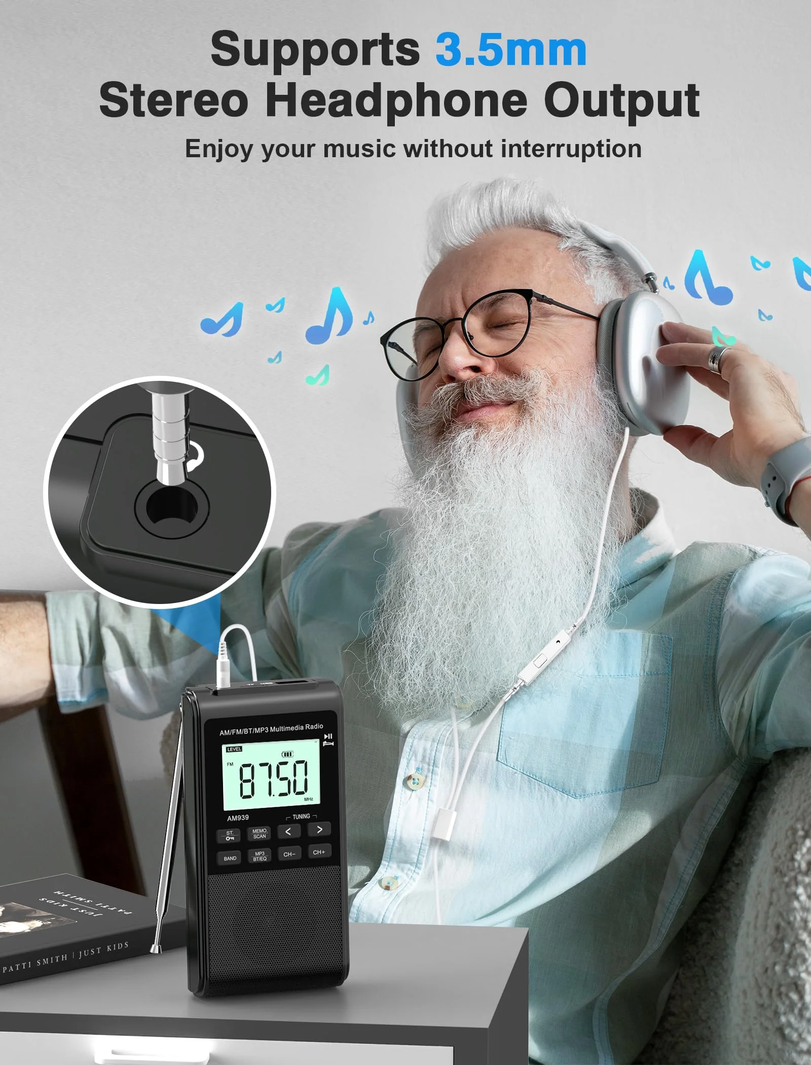 Pocket Radio with AM FM-1200mAh Rechargeable Radio-Portable Transistor Radio with Best Reception, Bluetooth Receiver,5W Big Speaker,LCD Screen,Earphone Jack,Support SD Card and USB Player for Jogging Black - Image 7