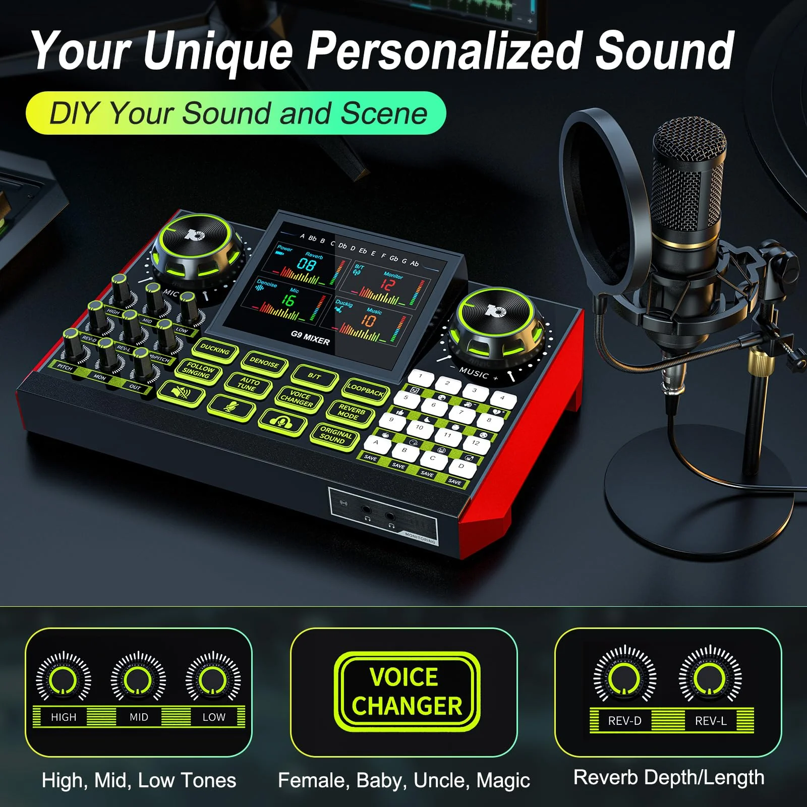 Podcast Equipment Bundle Audio Mixer, Sound Board for Pc/Phone Live Streaming Singing Gaming, Podcast Mixer for 3.5/6.35mm Dynamic Microphone, Voice Changer, Denoise, One Click Mute