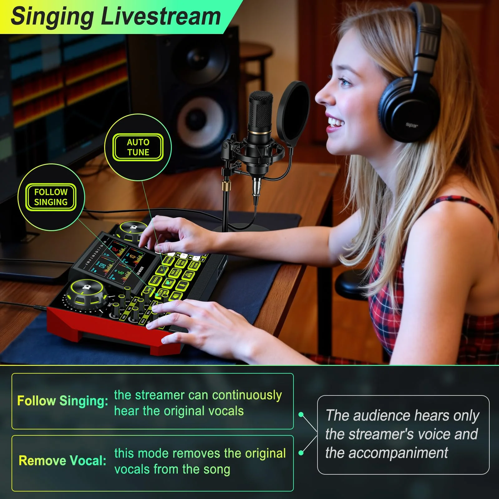 Podcast Equipment Bundle Audio Mixer, Sound Board for Pc/Phone Live Streaming Singing Gaming, Podcast Mixer for 3.5/6.35mm Dynamic Microphone, Voice Changer, Denoise, One Click Mute - Image 4