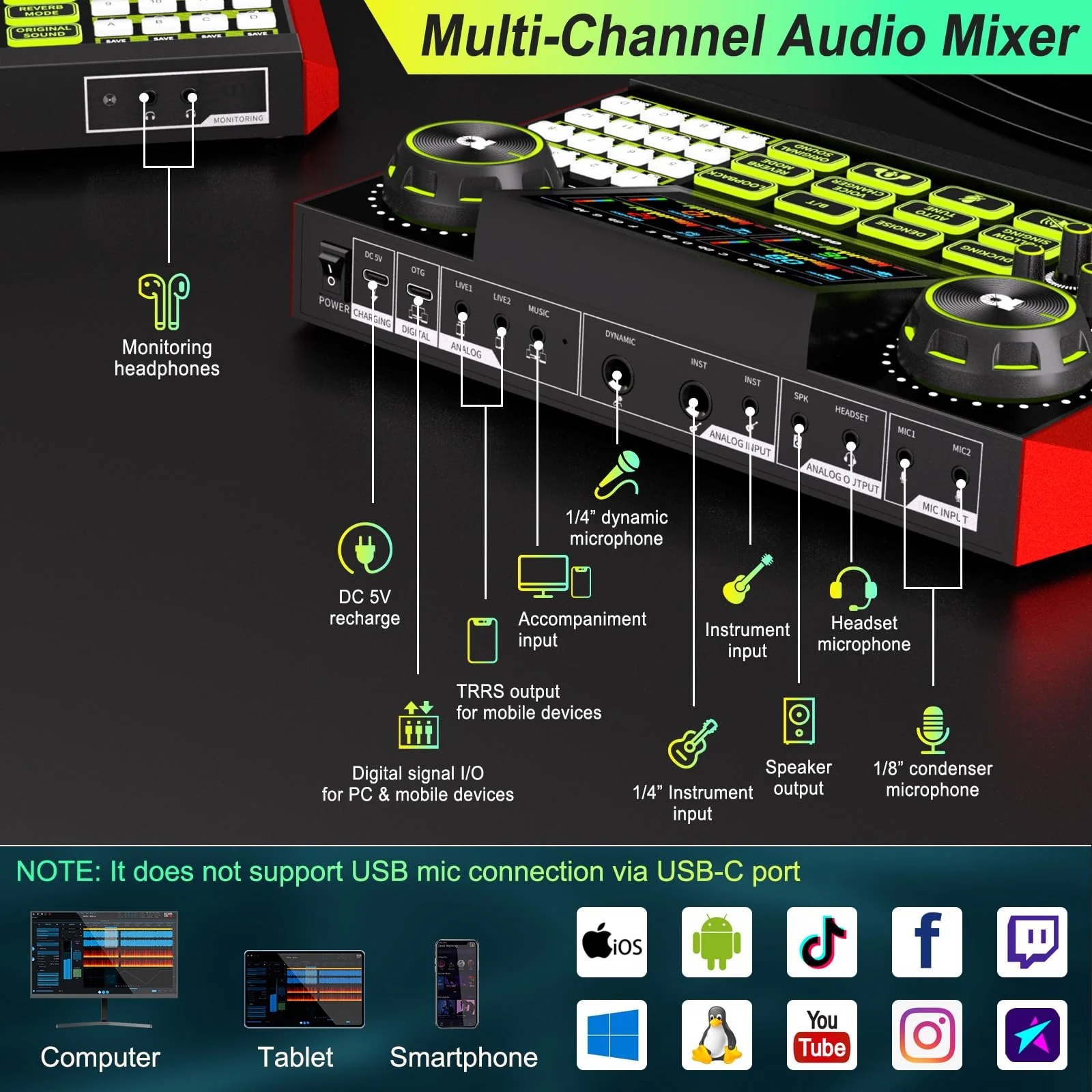 Podcast Equipment Bundle Audio Mixer, Sound Board for Pc/Phone Live Streaming Singing Gaming, Podcast Mixer for 3.5/6.35mm Dynamic Microphone, Voice Changer, Denoise, One Click Mute - Image 5