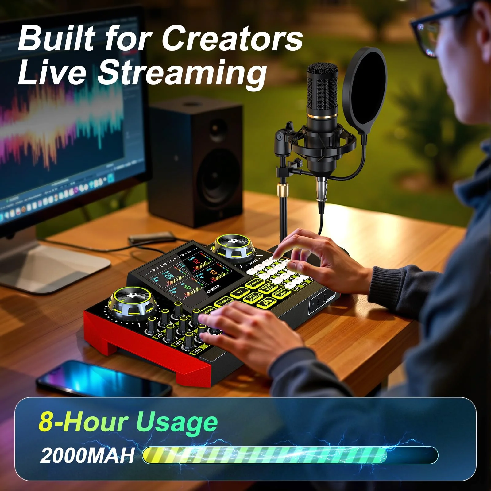 Podcast Equipment Bundle Audio Mixer, Sound Board for Pc/Phone Live Streaming Singing Gaming, Podcast Mixer for 3.5/6.35mm Dynamic Microphone, Voice Changer, Denoise, One Click Mute - Image 7