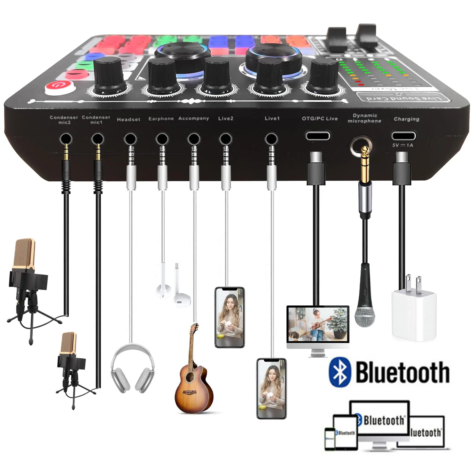 Podcast Sound Board - Music Sound Mixer with Effects, Audio Interface for PC Mac iPhone Android, Sound Card for Streaming Recording, DJ Mixer for Beginners (F999 Classic) F999 Classic - Image 6